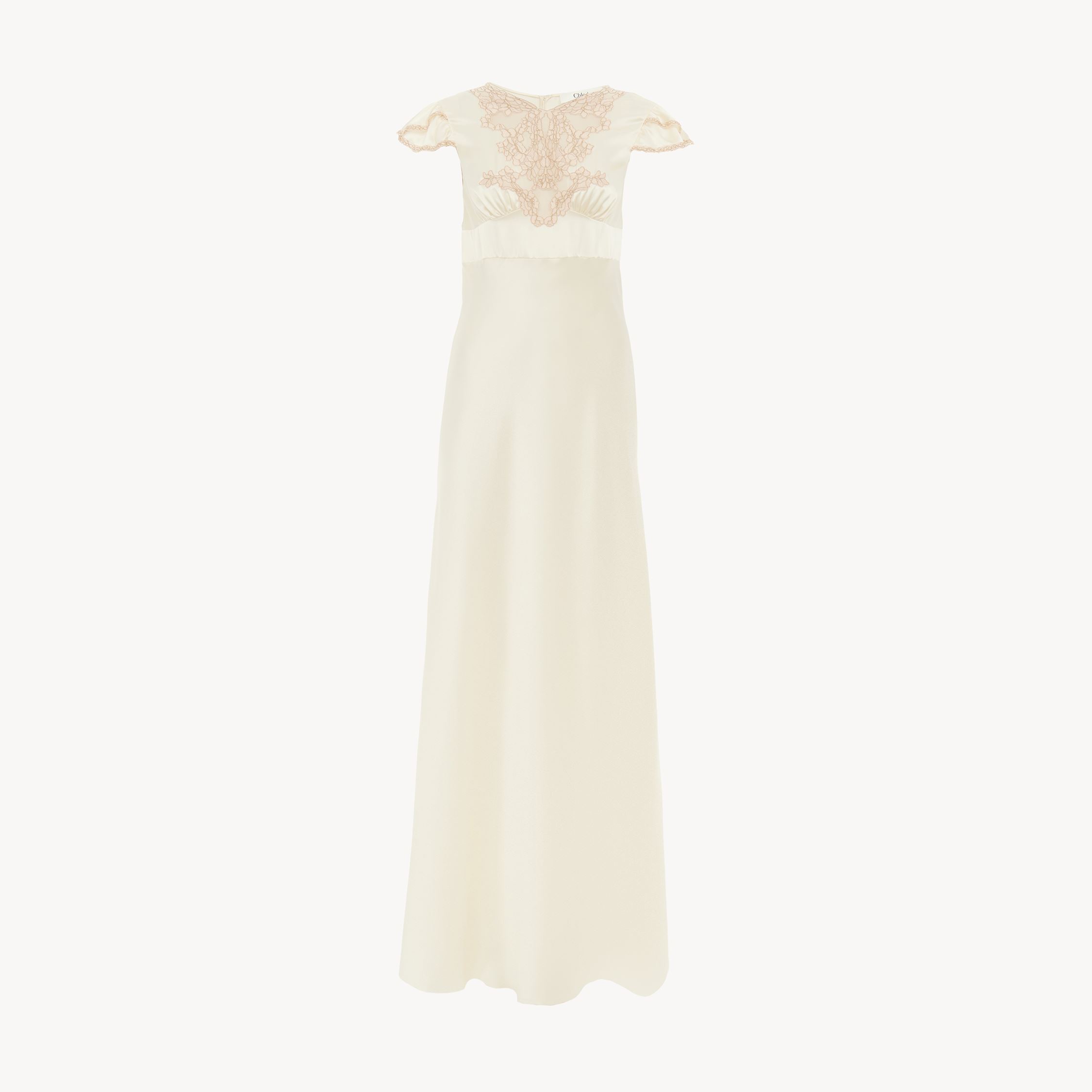 Chloé Cap-sleeve Column Dress In Washed Silk Satin & Lace White Size 6 56% Cotton, 44% Polyamide