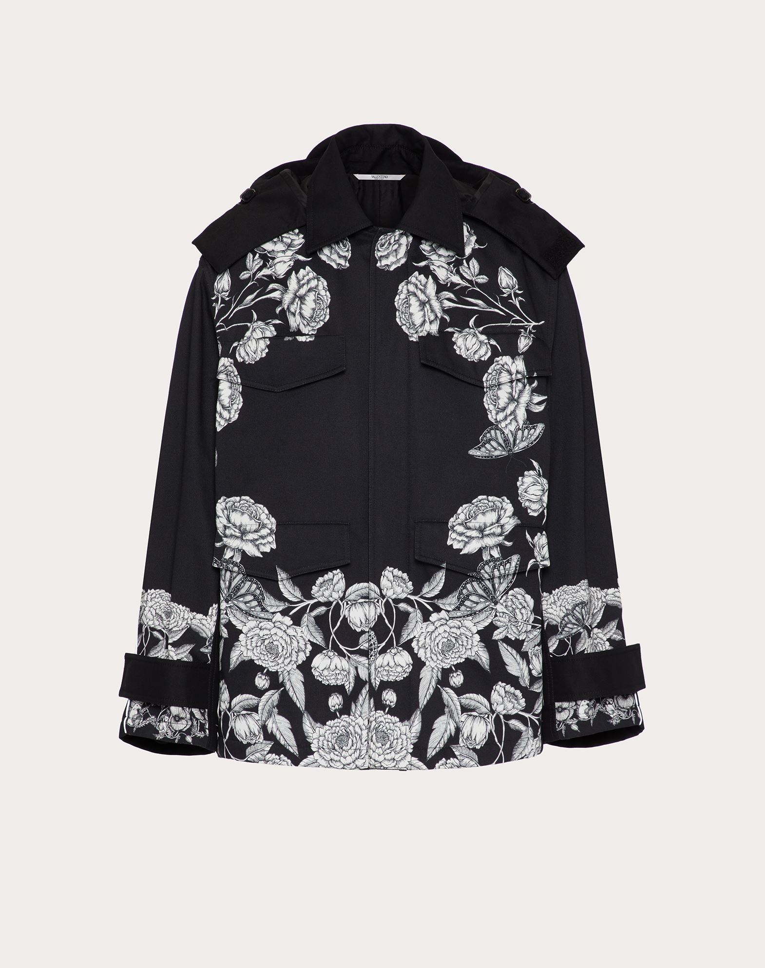 Valentino Men's Gabardine Flower-print Caban Coat In Black/white