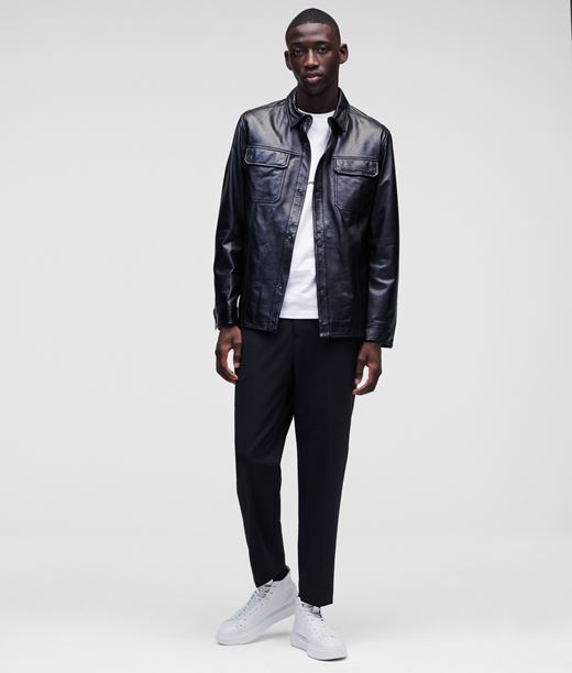 Man Leather Shirt Jacket Black 100% Soft Leather - Size: 36