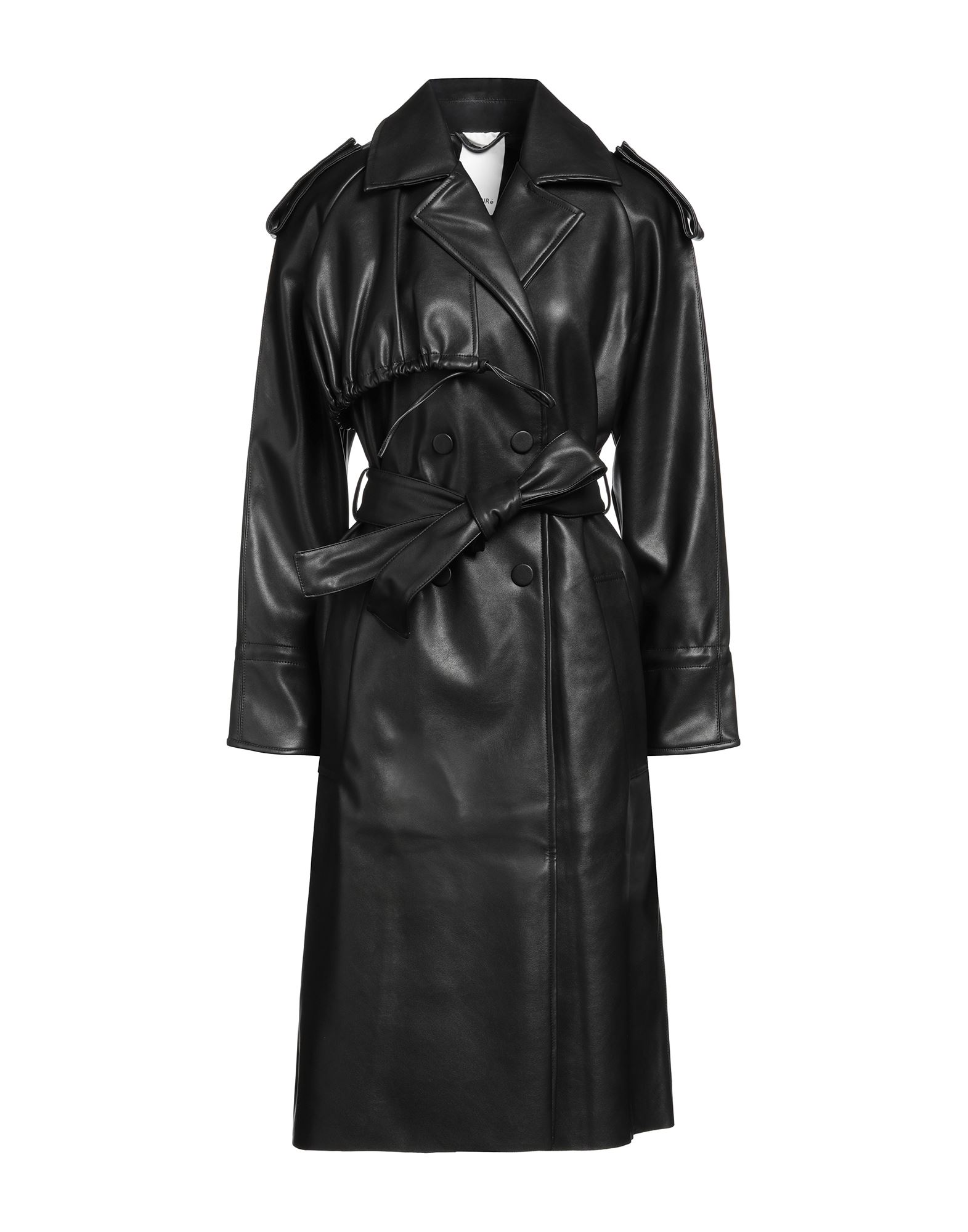 Themoirè Faux-leather Drawstring-detail Trench Coat In Black