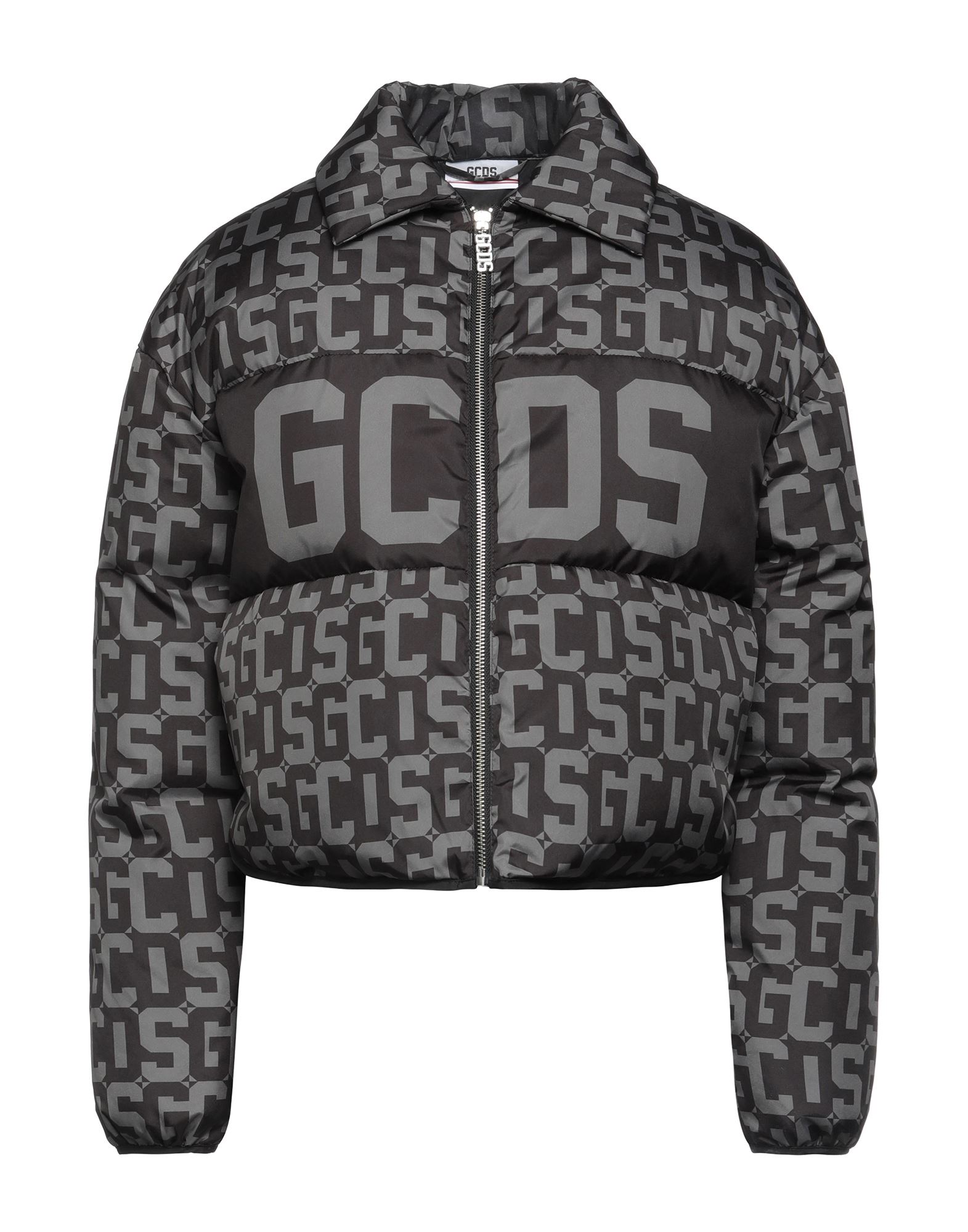 Gcds Woman Black Crop Down Jacket With Monogram Pattern And Logo Band In Black