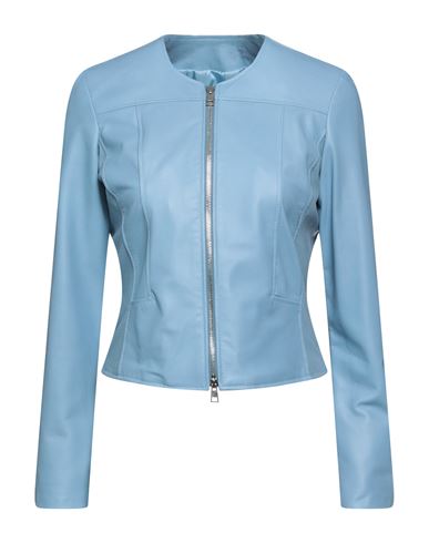 Street Leathers Woman Jacket Light Blue Size L Soft Leather, Viscose, Nylon, Elastane