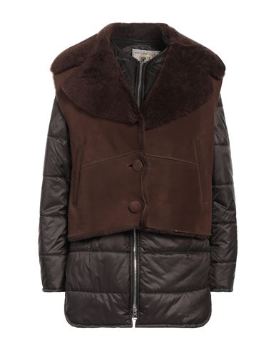 Vintage De Luxe Woman Down Jacket Dark Brown Size 6 Shearling, Nylon