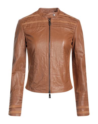 Pinko Woman Jacket Tan Size 8 Ovine Leather, Cotton, Elastane In Brown