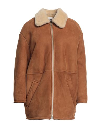 Shop Erika Cavallini Woman Coat Camel Size L Leather In Beige