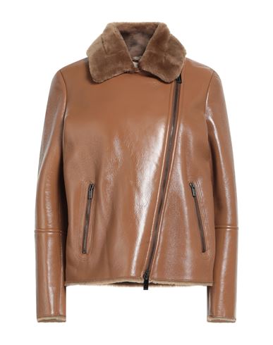 Shop High Woman Jacket Camel Size 10 Leather, Shearling In Beige