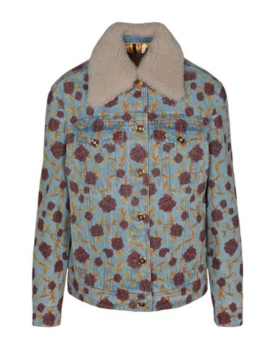 Shop Versace Rose Printed Denim Fur Trim Jacket Woman Denim Outerwear Multicolored Size 6 Cotton In Fantasy
