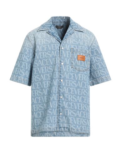 Shop Versace Man Denim Shirt Blue Size 40 Cotton, Calfskin