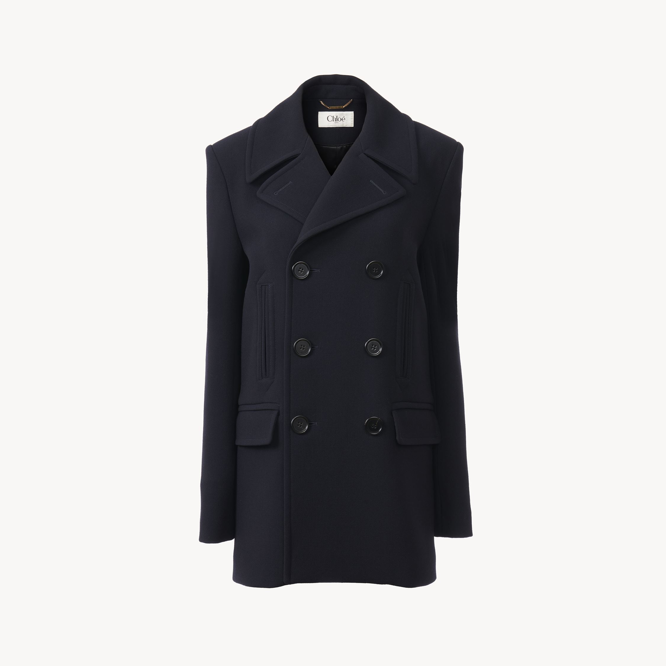 Chloé Pea Coat In Double Wool Crêpe Blue Size 6 100% Wool, Horn Bubalus Bubalis, Farmed, Coo India In Blue
