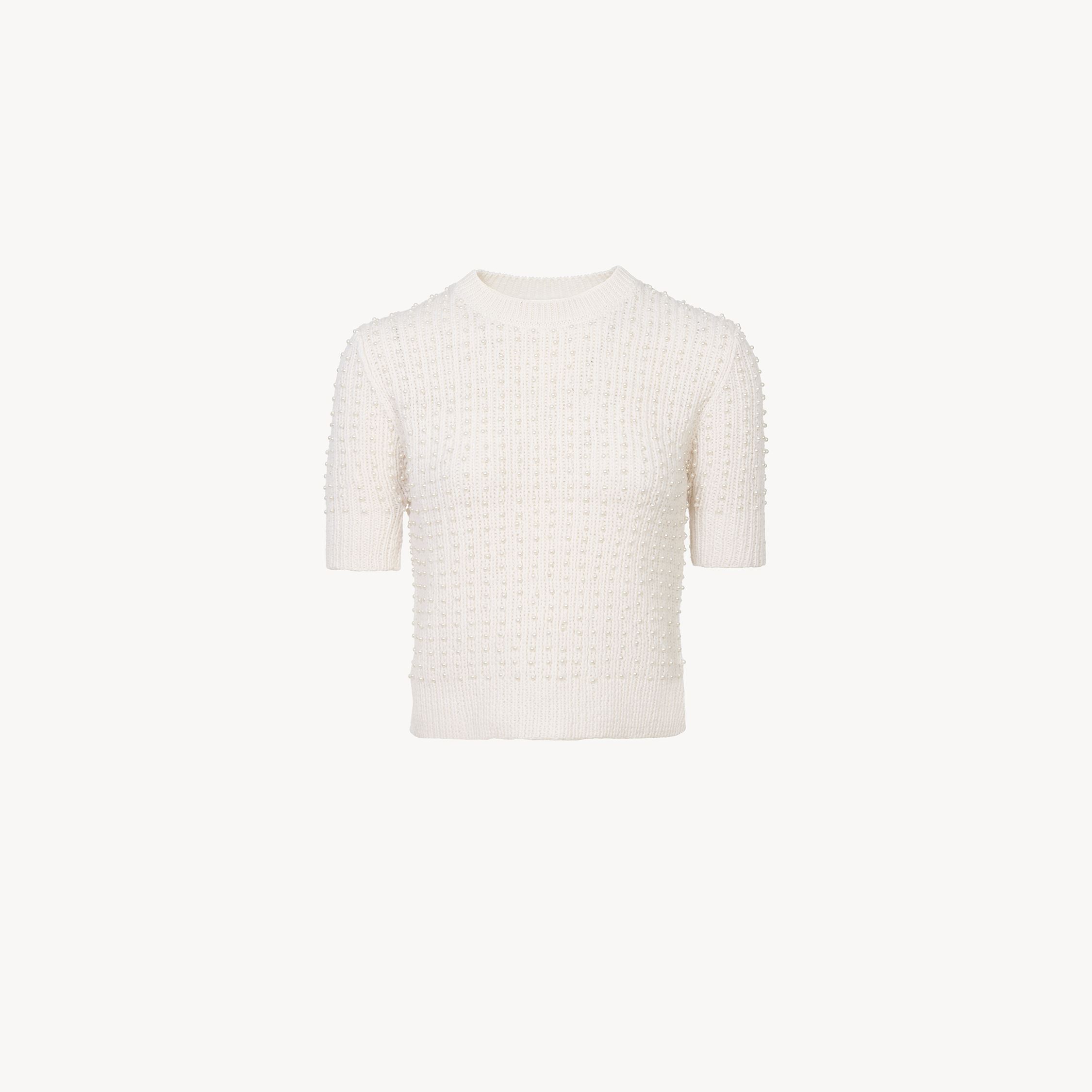 Shop Chloé Pull Manches Courtes Perlé En Laine Et Cachemire Femme Blanc Taille L 70% Laine, 30% Cachemire, Abs  In White