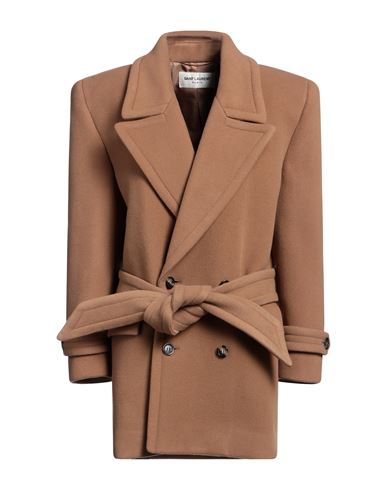 Saint Laurent Woman Coat Camel Size 10 Wool, Polyamide In Brown