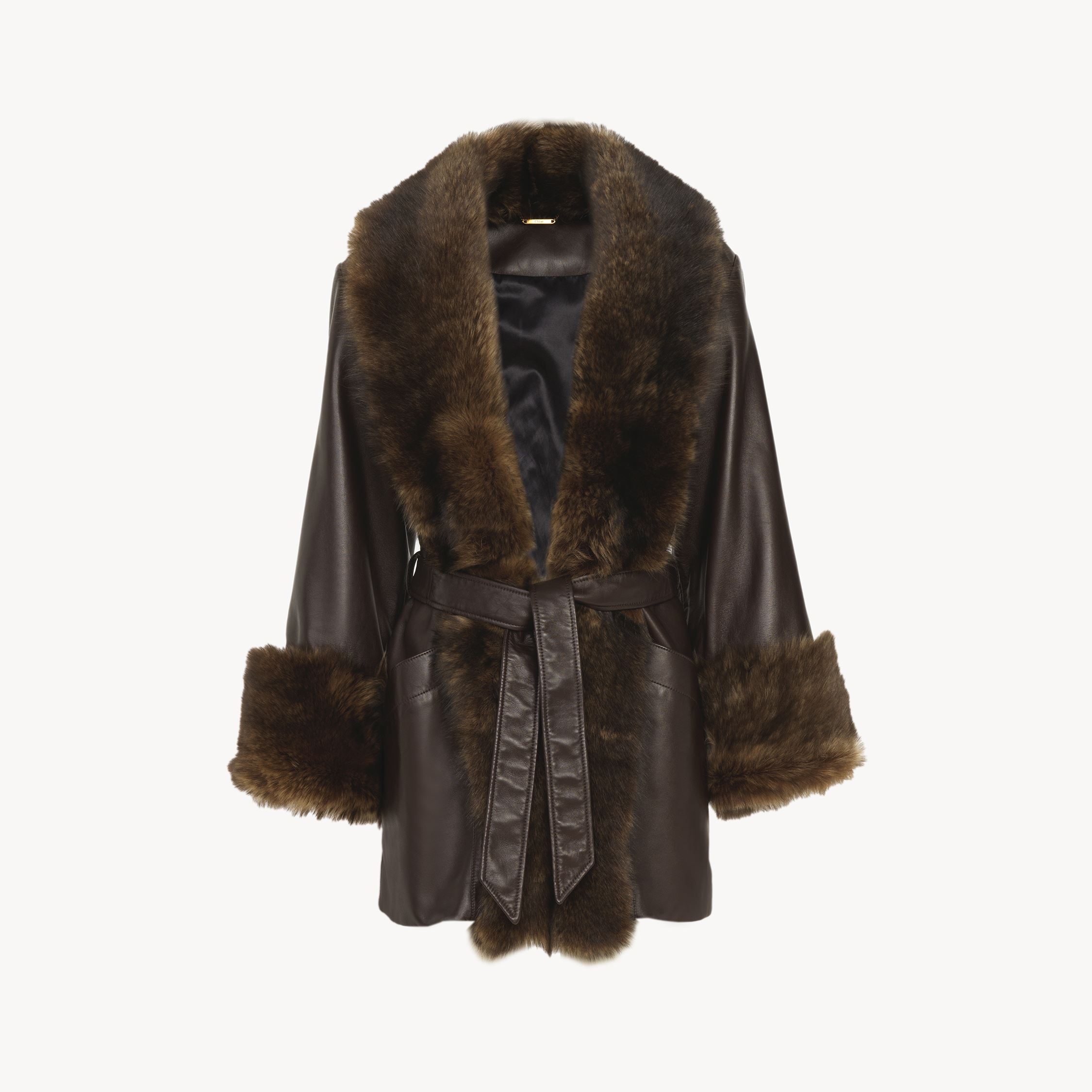 Shop Chloé Belted Oversized Coat In Leather Brown Size 6 100% Lambskin