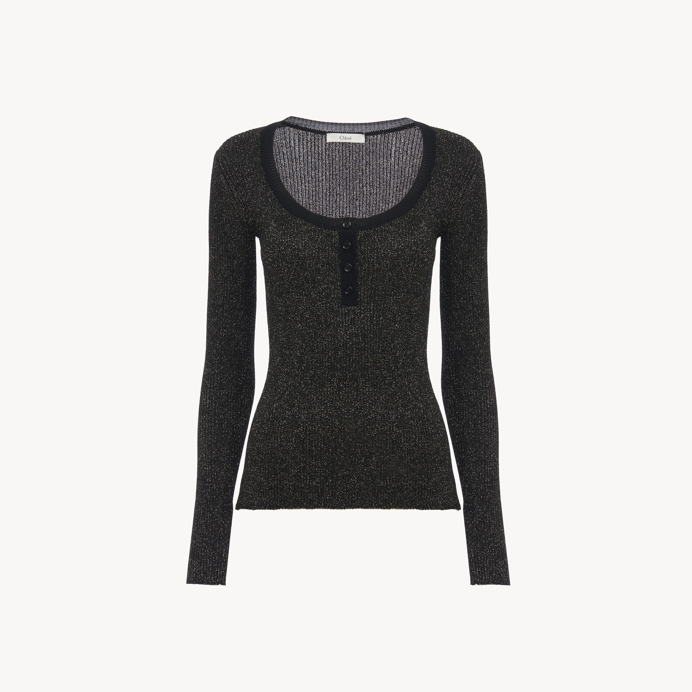 CHLOÉ LONG-SLEEVE FITTED TOP IN LUREX WOOL KNIT BLACK SIZE L 83% VISCOSE, 17% METALLIC POLYESTER, PINCTADA 