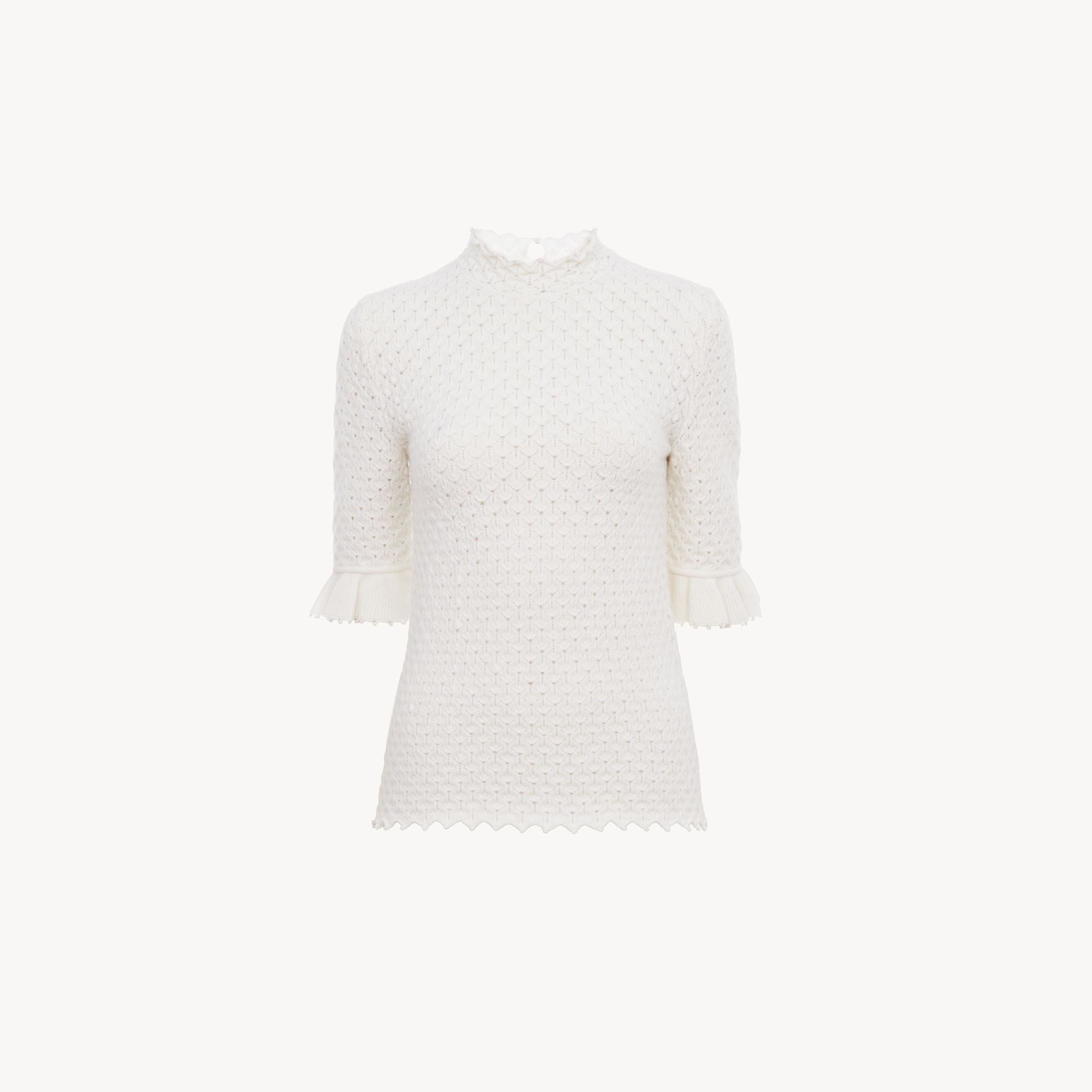 CHLOÉ SHORT-SLEEVE SWEATER IN WOOL & CASHMERE KNIT WHITE SIZE L 90% WOOL, 10% CASHMERE 