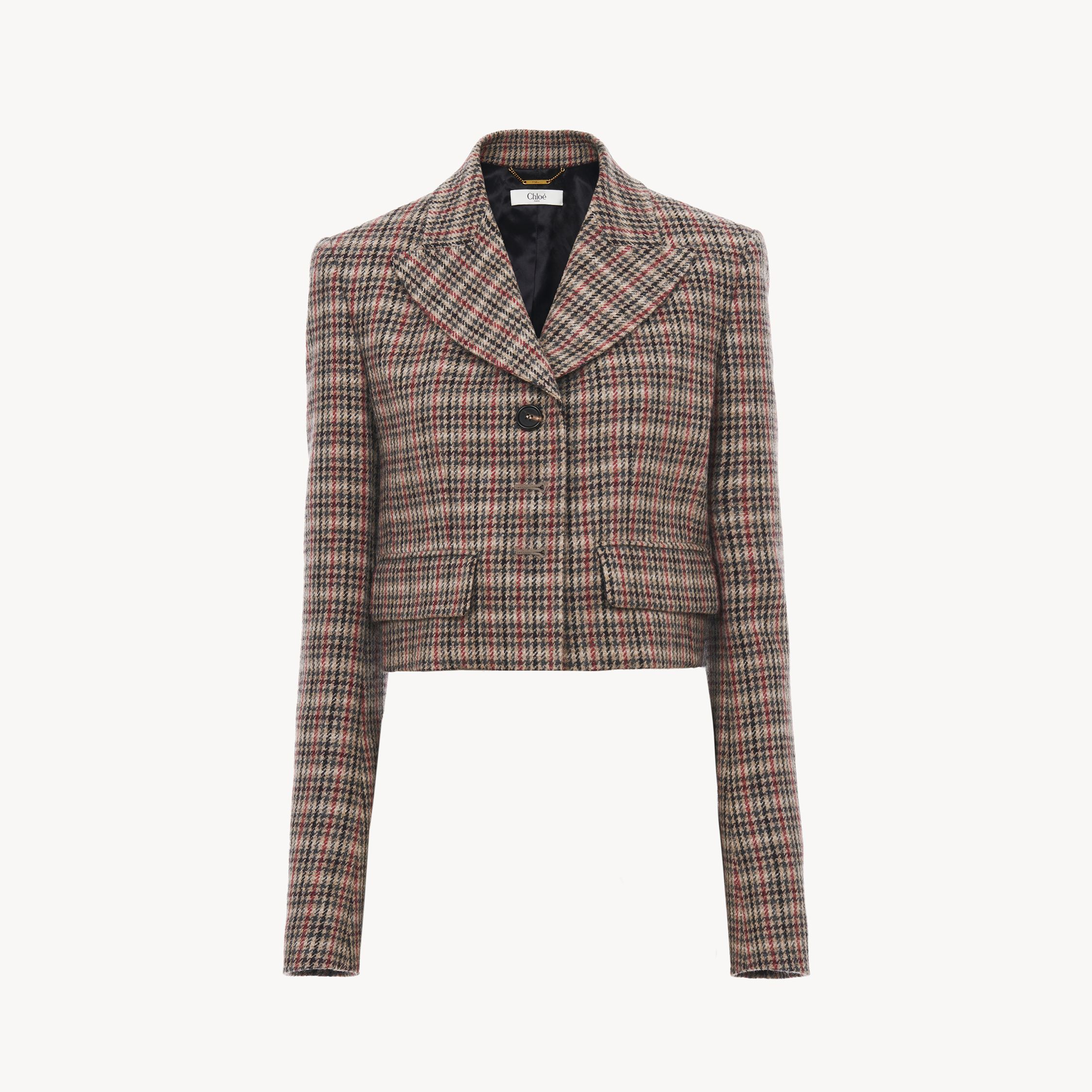 Chloé Veste Spencer Courte En Laine Pied-de-poule Femme Beige Taille 38 100% Laine, Horn Bubalus Bubalis, In Beige