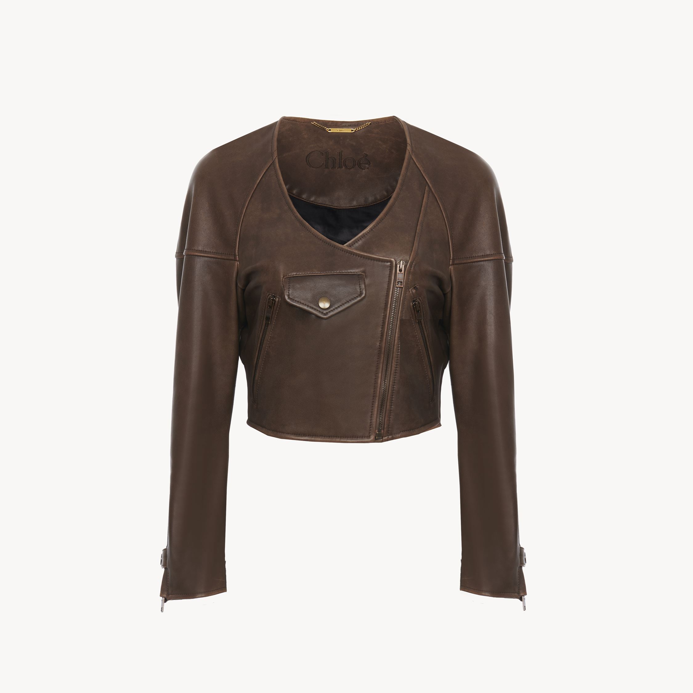 Chloé Cropped Scoop-neck Jacket In Leather Brown Size 6 100% Lambskin In Brown