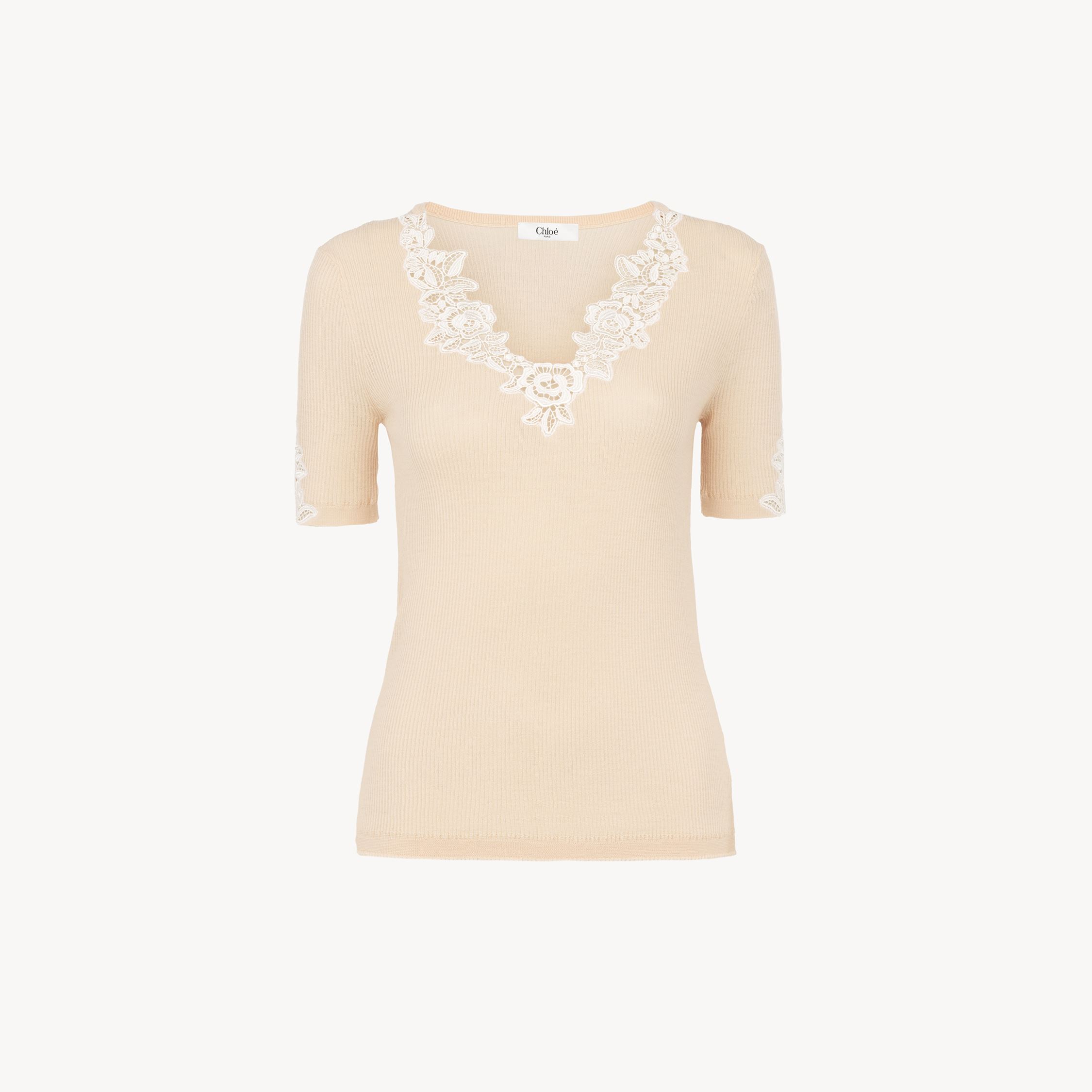Chloé Fitted Short-sleeve Top In Guipure Lace Wool Knit In Orange