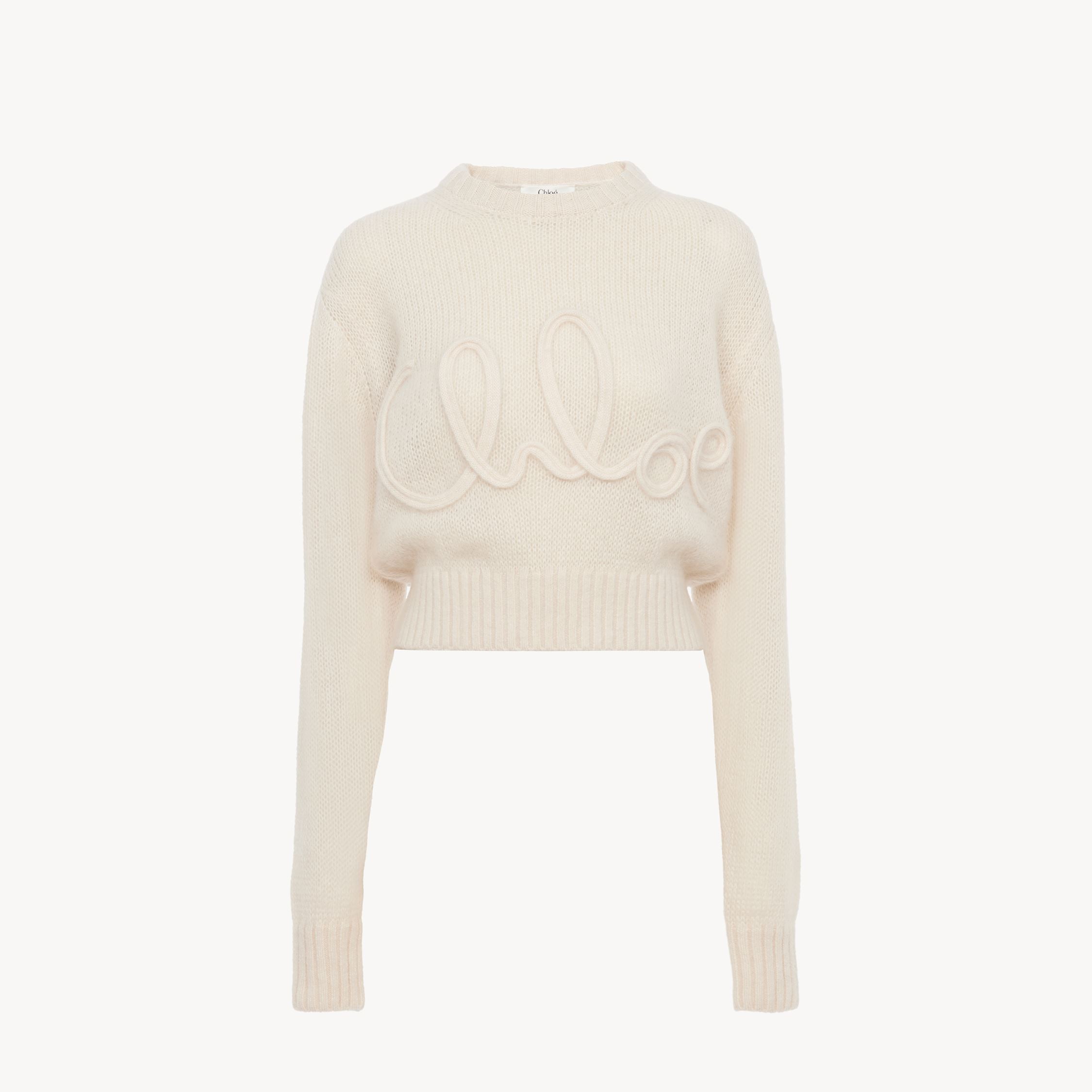 CHLOÉ LOGO JUMPER IN ALPACA WOOL & SILK KNIT WHITE SIZE L 100% WOOL VICUGNA PACOS, FARMED, COO PERU 