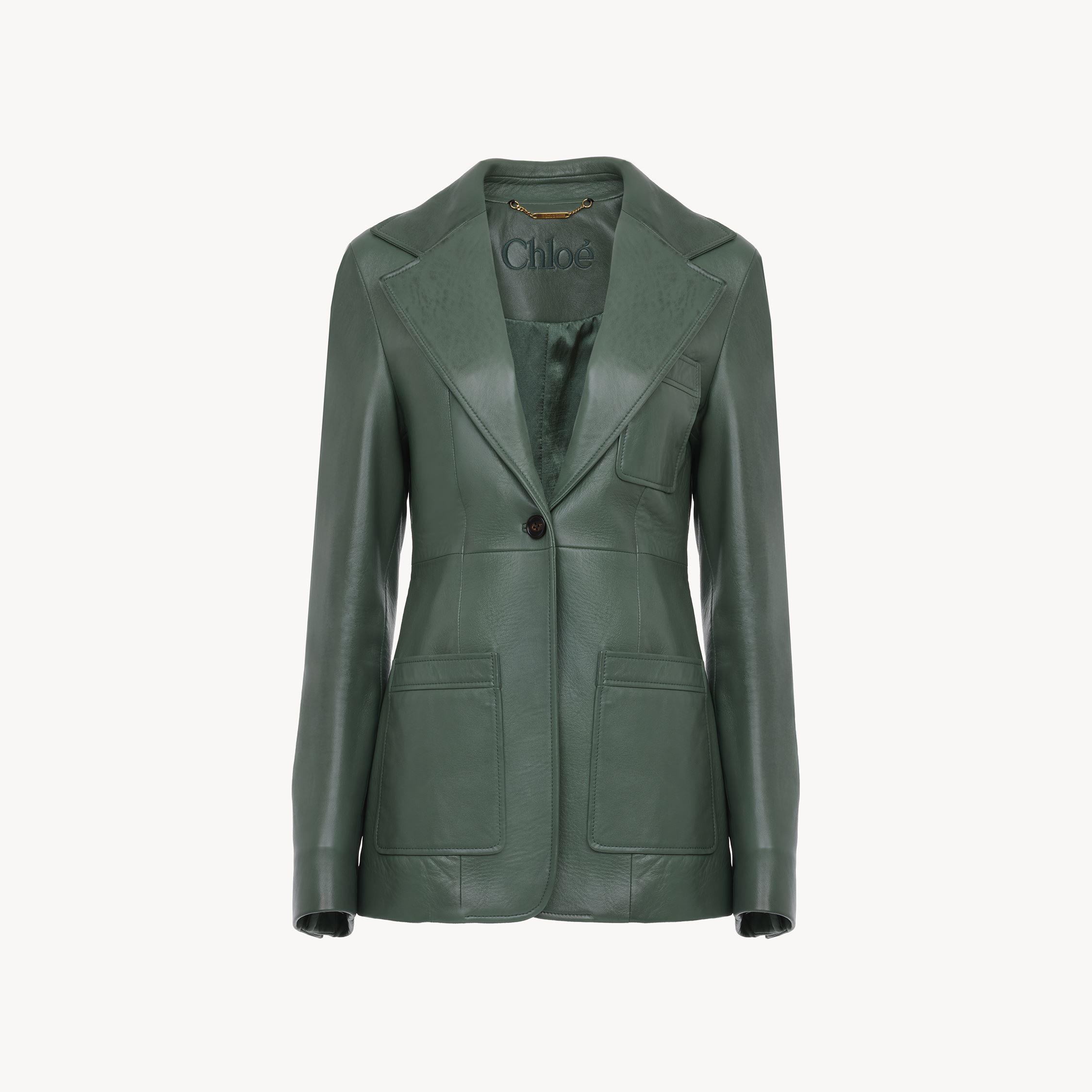 Chloé Single Button Leather Blazer Featuring Pockets In Green