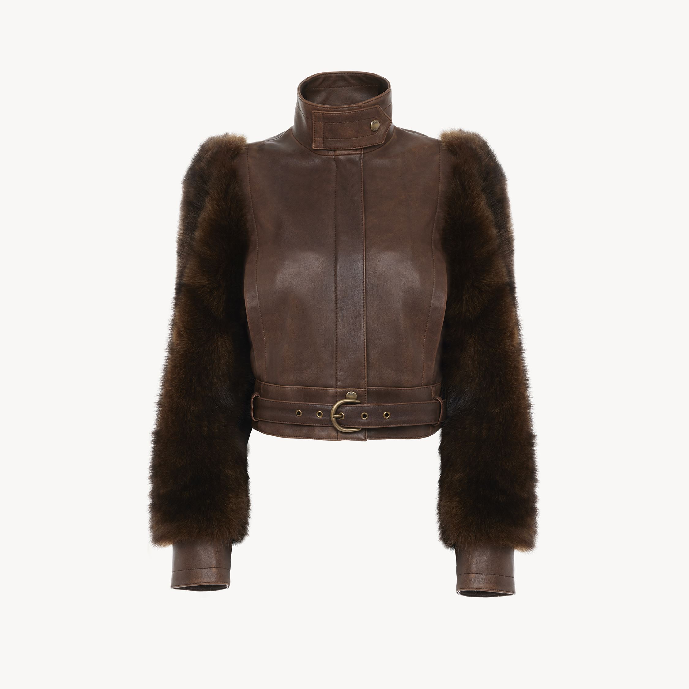 Chloé High-neck Short Jacket In Leather Brown Size 8 62% Viscose, 38% Cotton, Lambskin In Brown