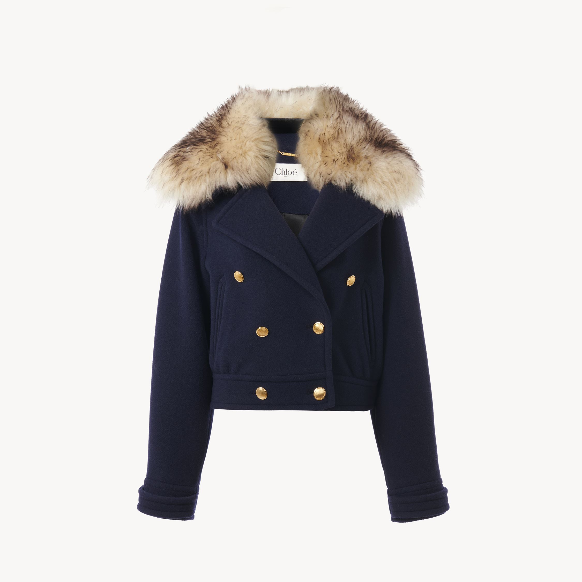 Chloé Short Boxy Double-breasted Coat In Wool Blue Size 2 80% Virgin Wool, 20% Polyamide, Horn Bubalus Bub