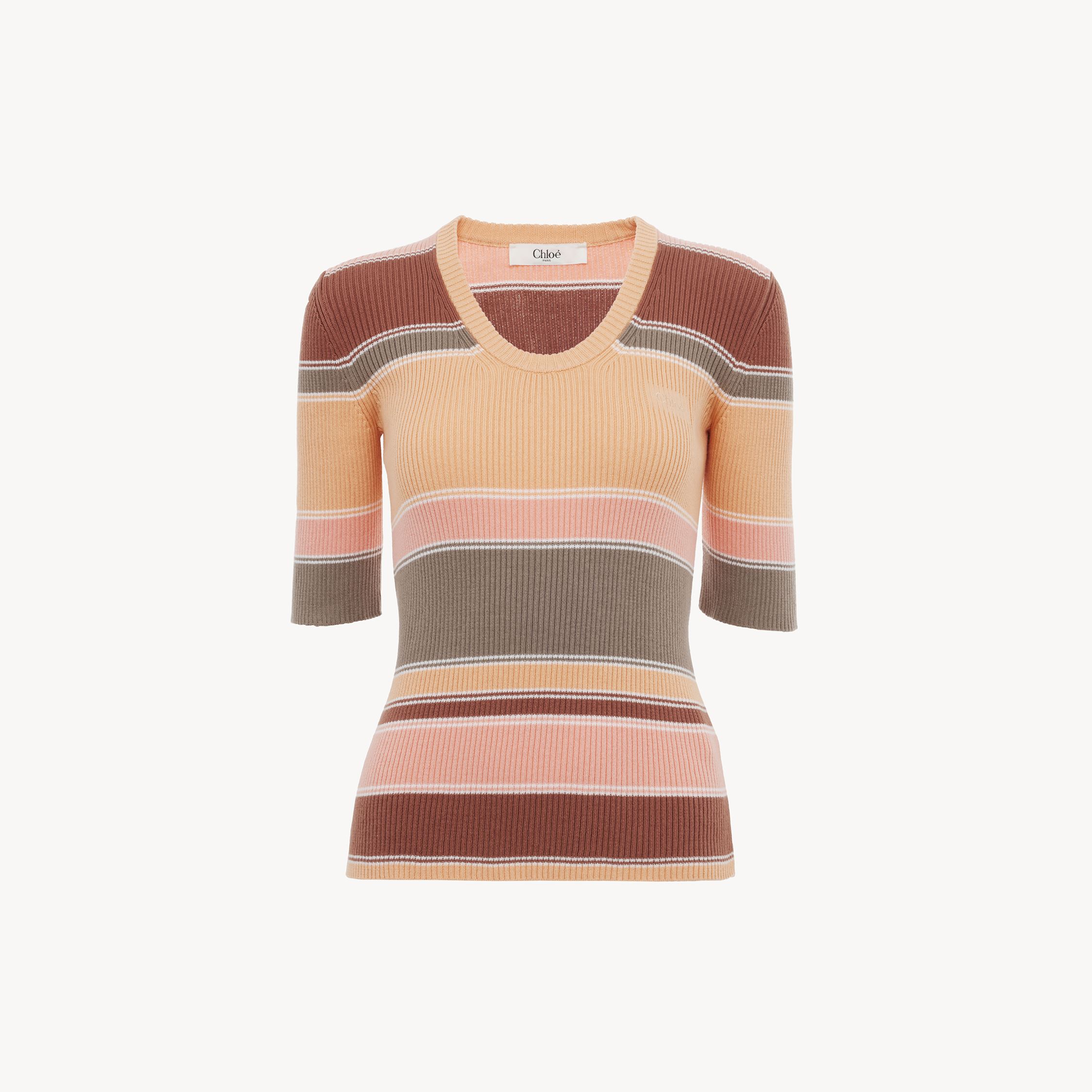 Chloé Top Ajusté Manches Coude En Maille De Coton À Logo Femme Orange Taille M 100% Coton