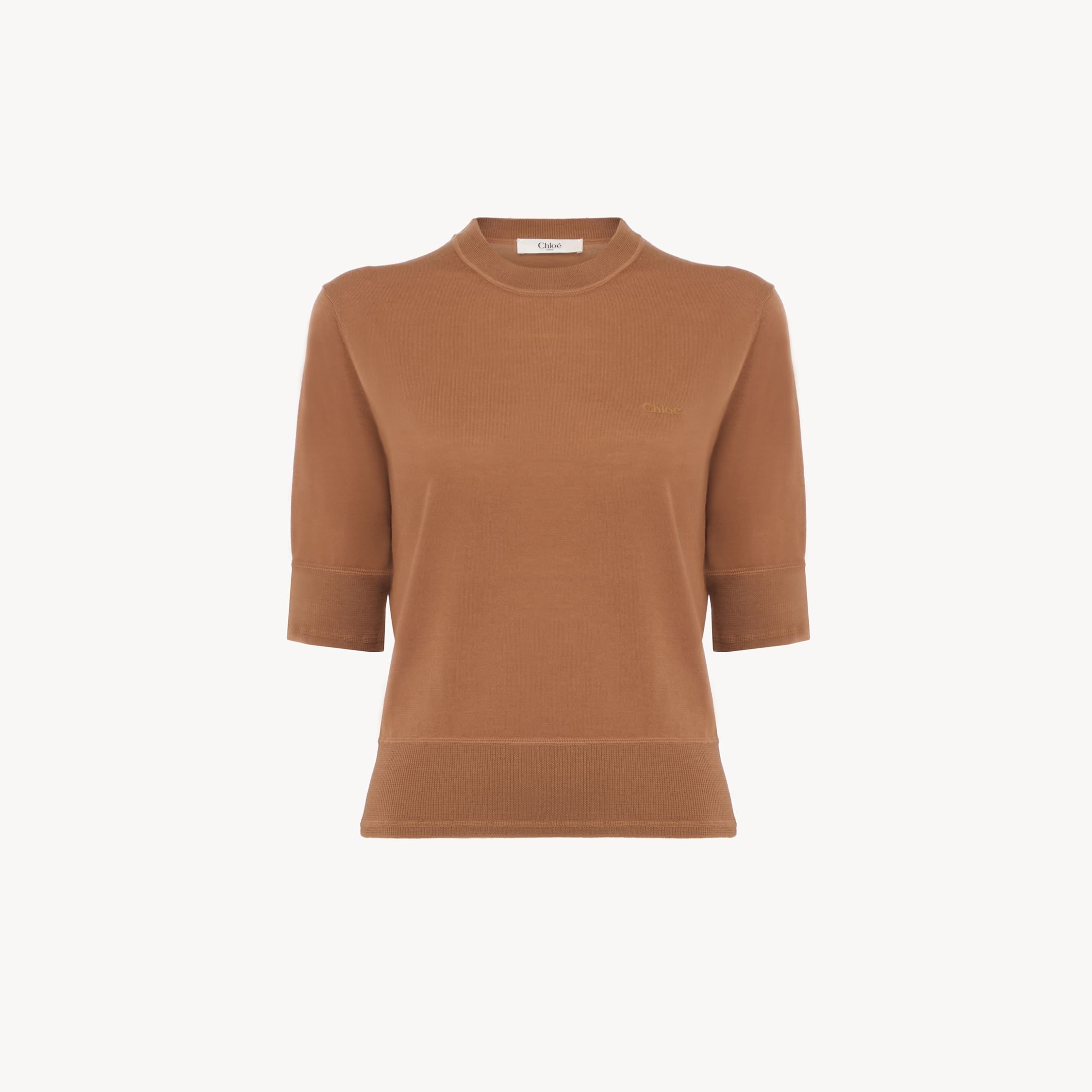 Chloé Short-sleeve Logo Sweater In A Fine Merino Wool Knit Brown Size S 100% Wool In Brown