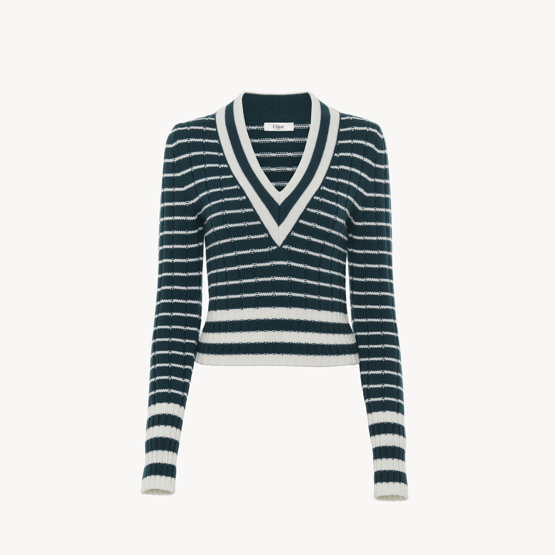 Chloé Striped Ribbed Knit Jumper Lace Detail In Green