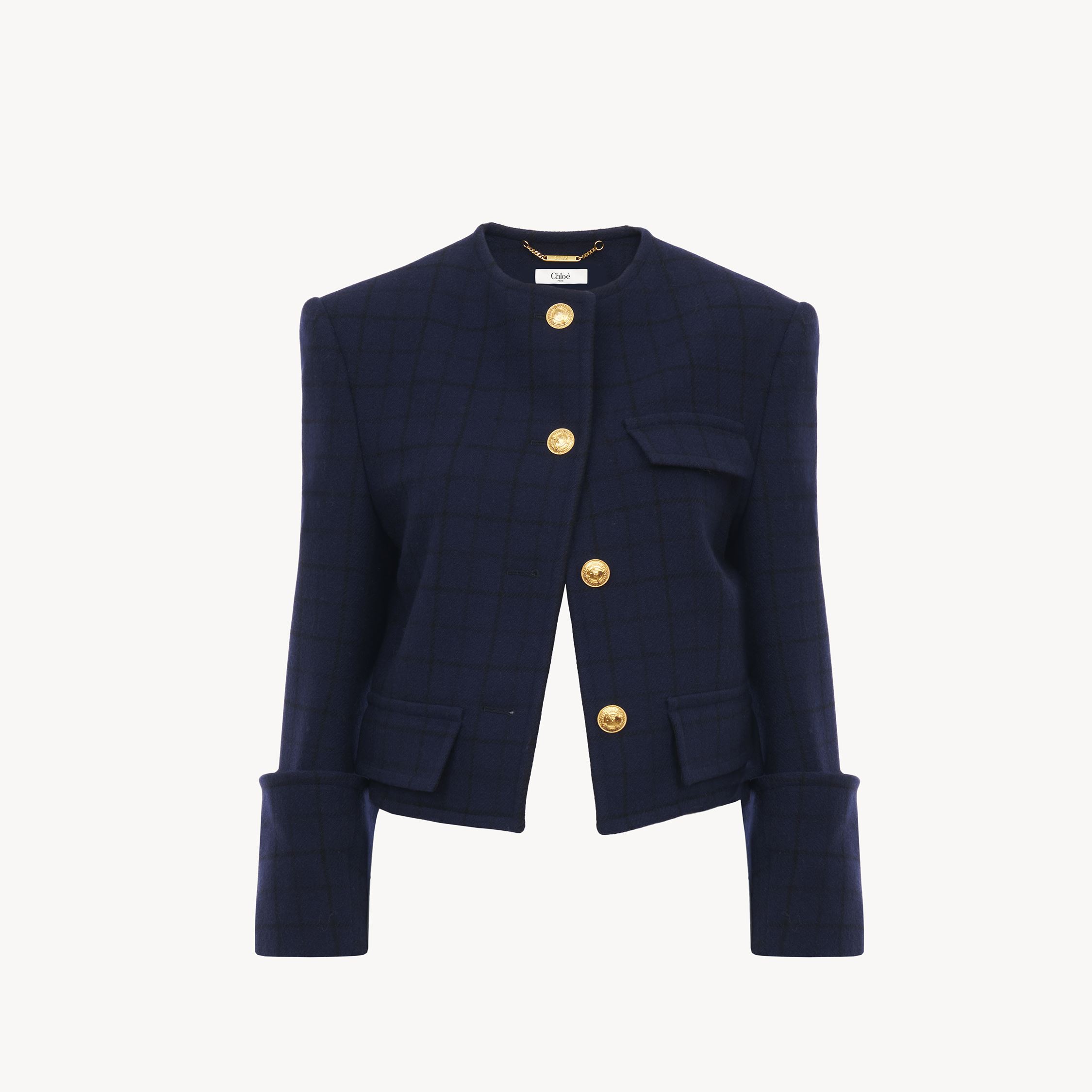 Chloé Boxy Collarless Jacket In Wool Check