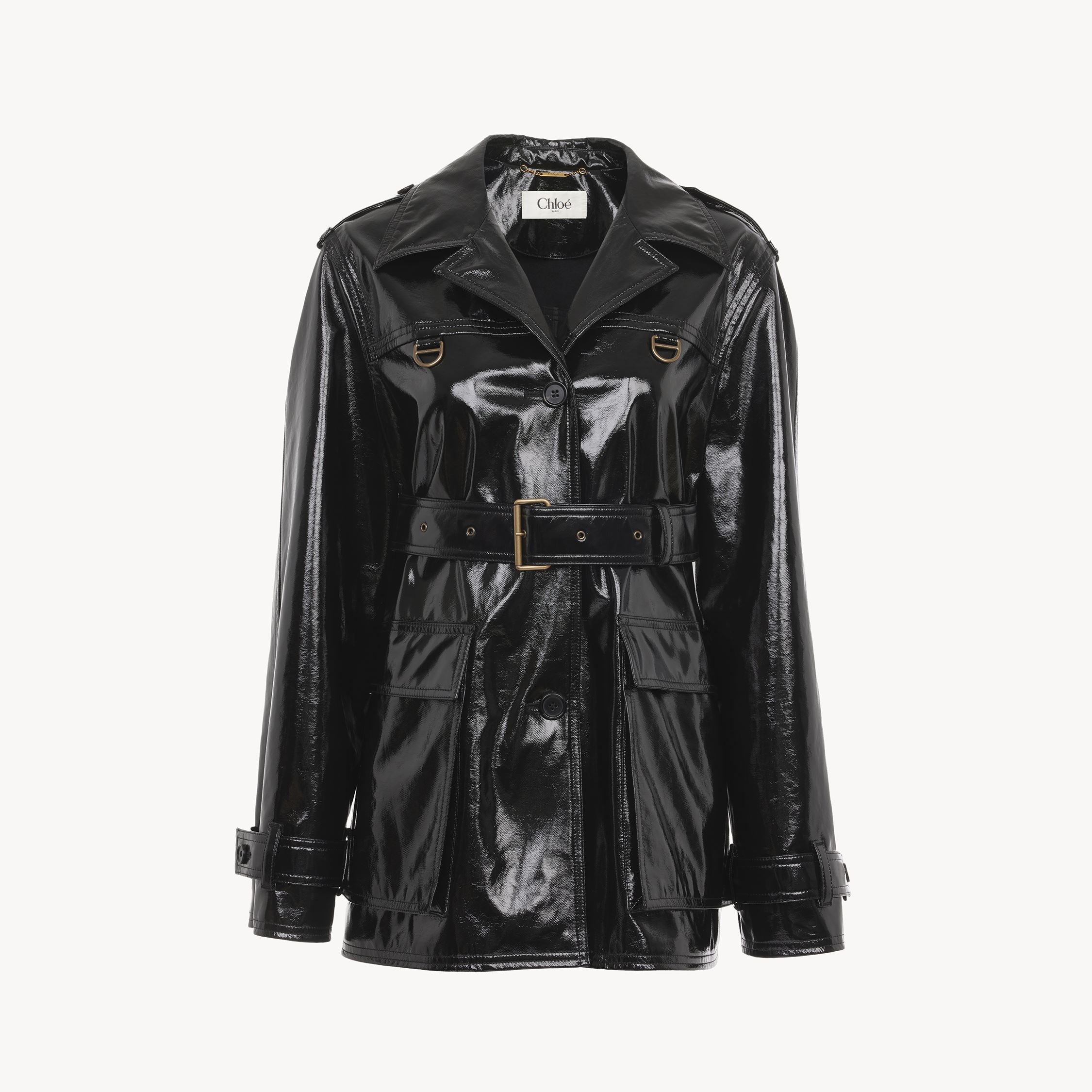 Chloé Belted Jacket In Shiny Coated Cotton Black Size 4 100% Cotton, Horn Bubalus Bubalis, Farmed, Coo Ind