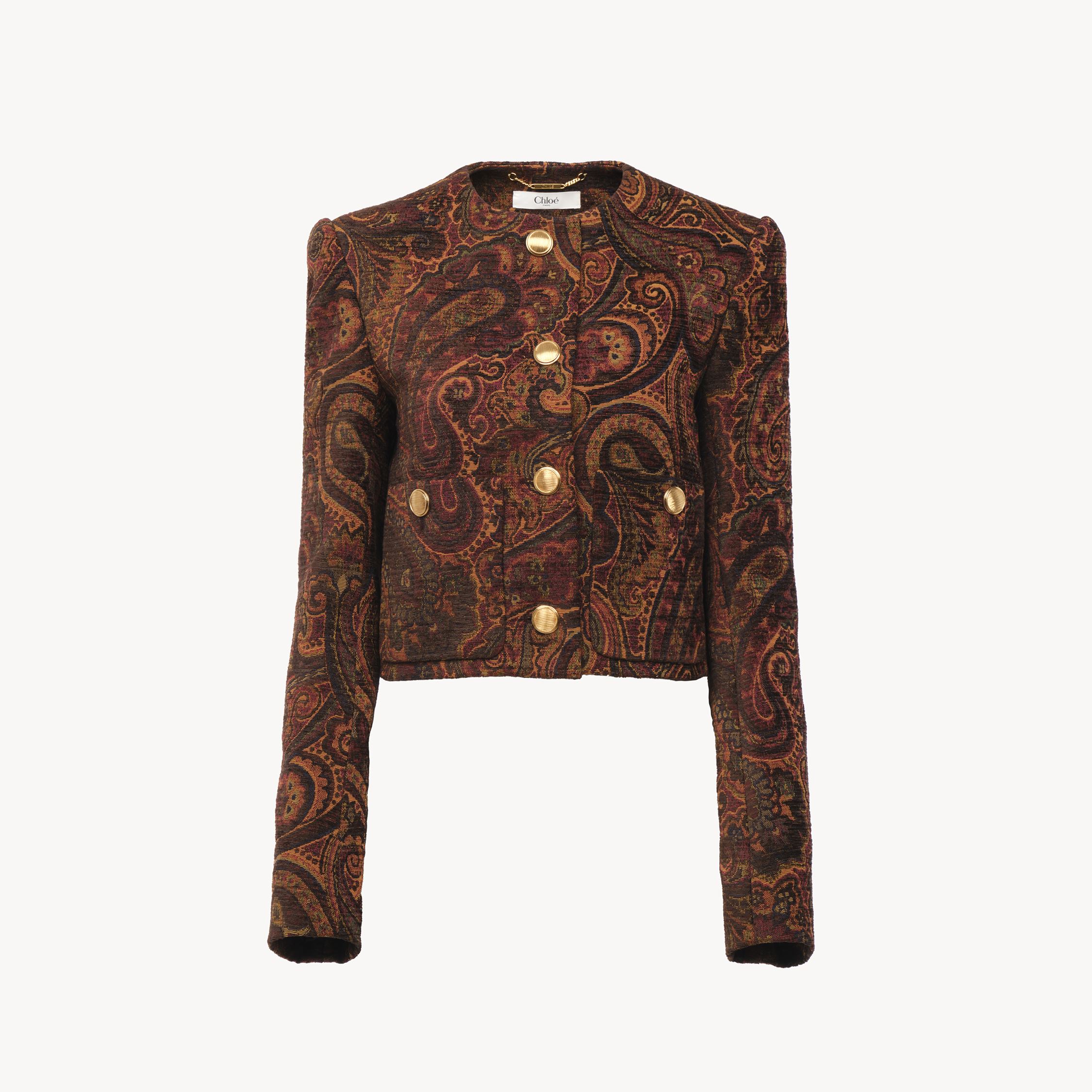 Chloé Multicolor Cropped Jacket With Round Neck And All-over Motif In Cotton Blend Woman In Brown