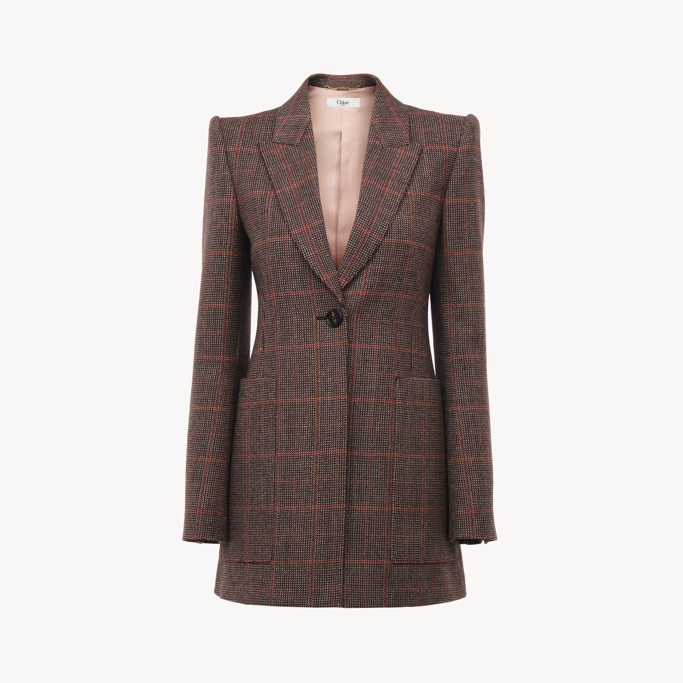 Chloé Tailored Jacket In Check Wool Brown Size 10 100% Virgin Wool, Horn Bubalus Bubalis, Farmed, Coo Indi