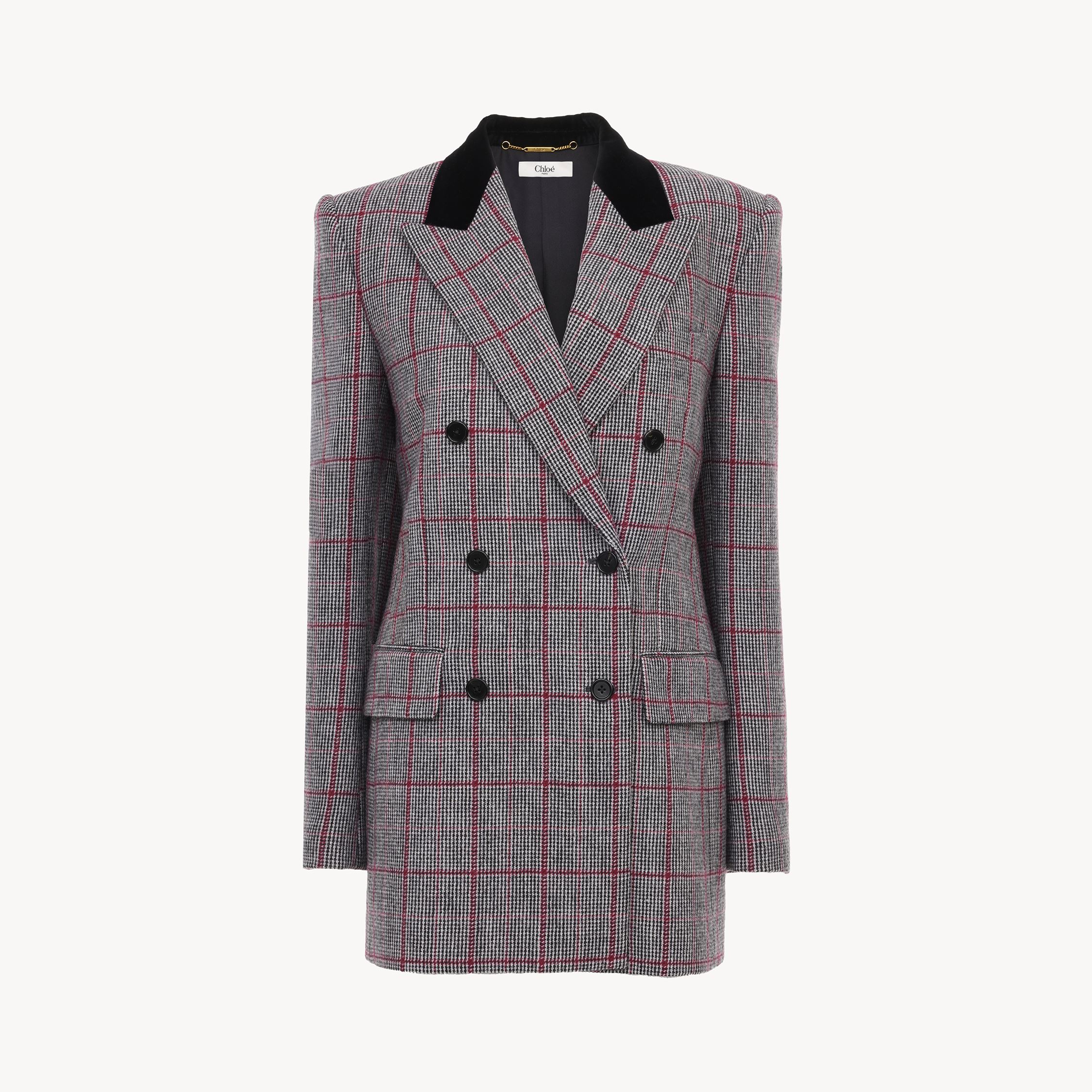 Chloé Double-breasted Velvet-trimmed Checked Wool Blazer In Gray