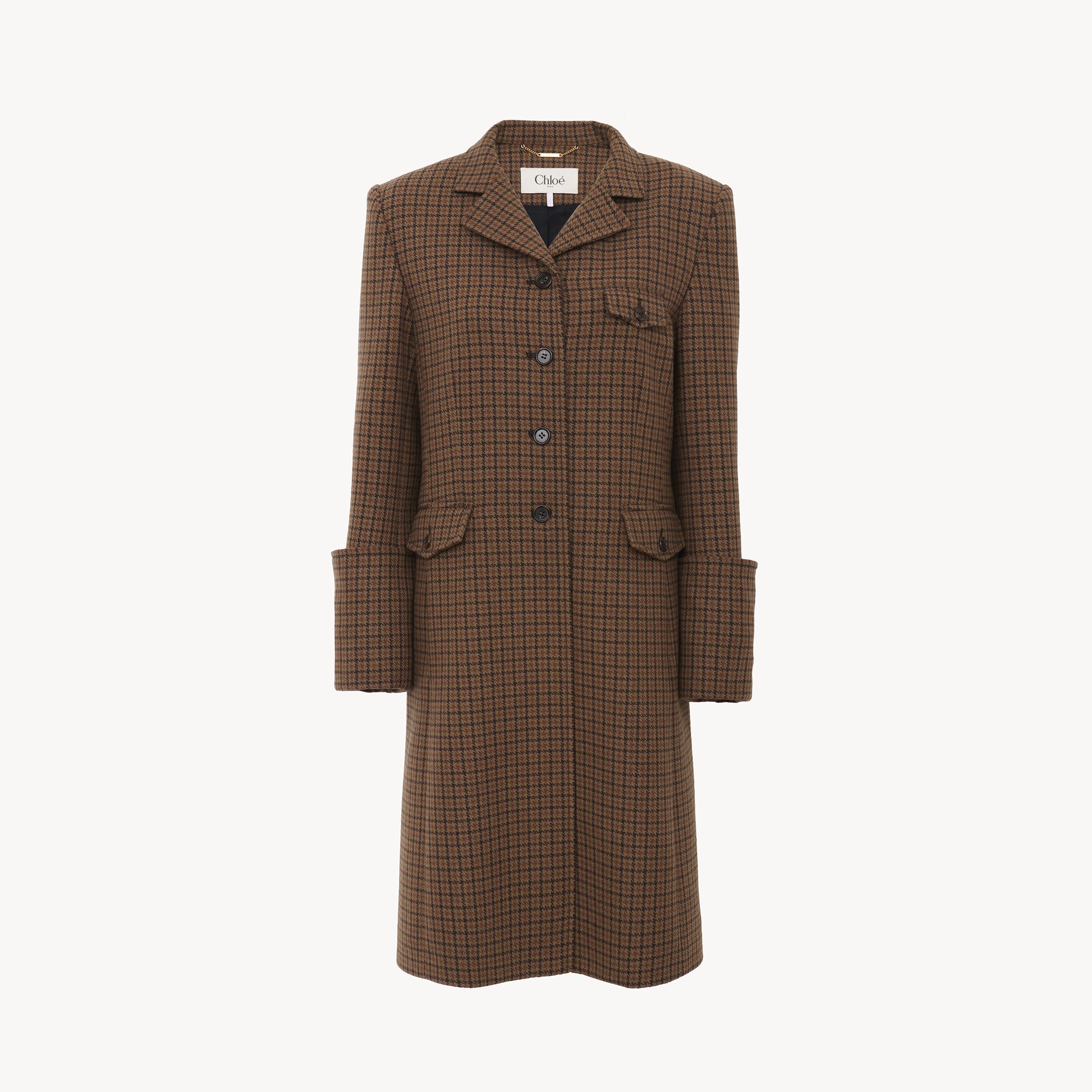 Chloé Riding Coat In Houndstooth Wool Grey Size 10 85% Wool, 15% Polyamide, Horn Bubalus Bubalis, Farmed,  In Brown