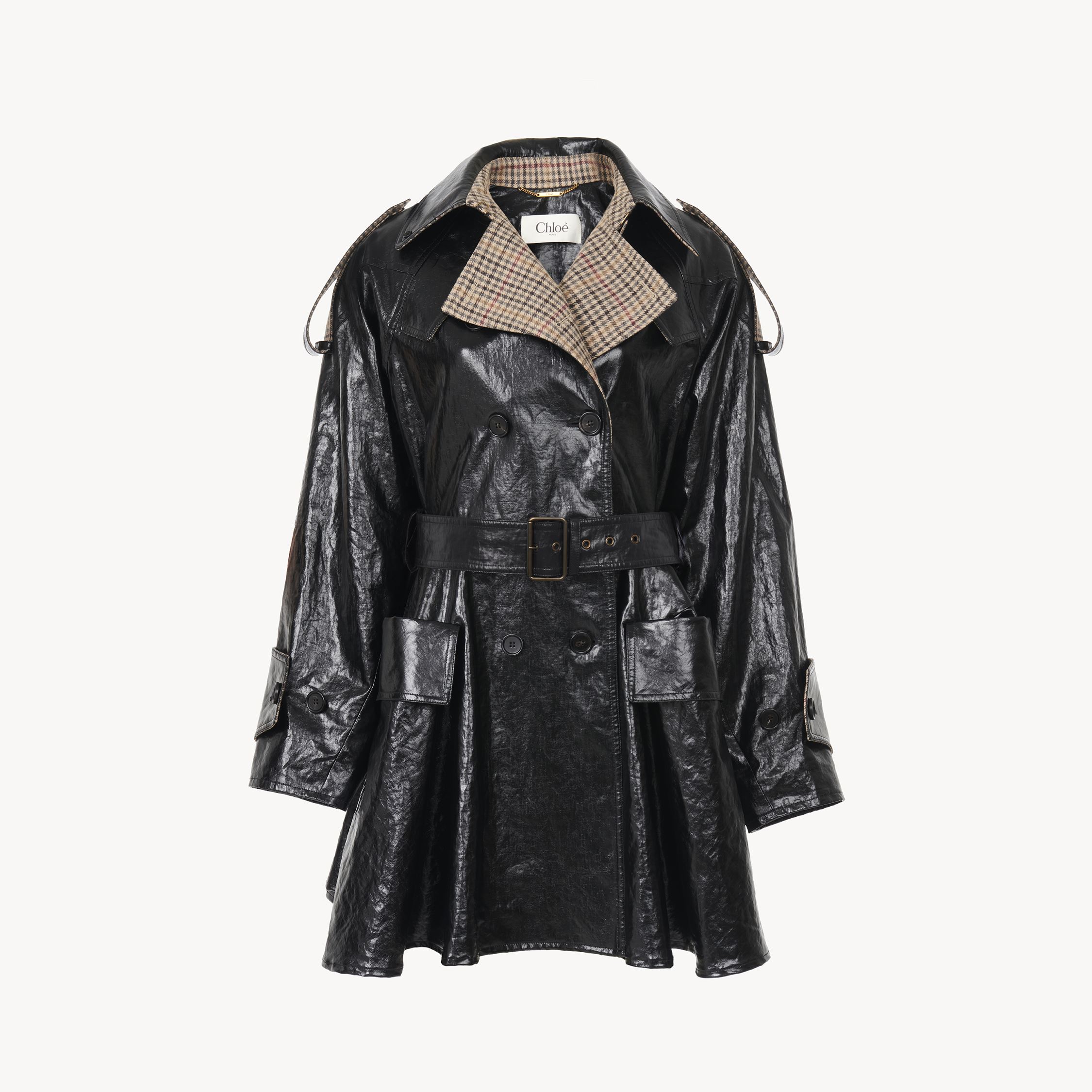 Chloé Double-breasted Short Riding Coat In Coated Linen Black Size 8 76% Virgin Wool, 24% Polyamide, Horn 