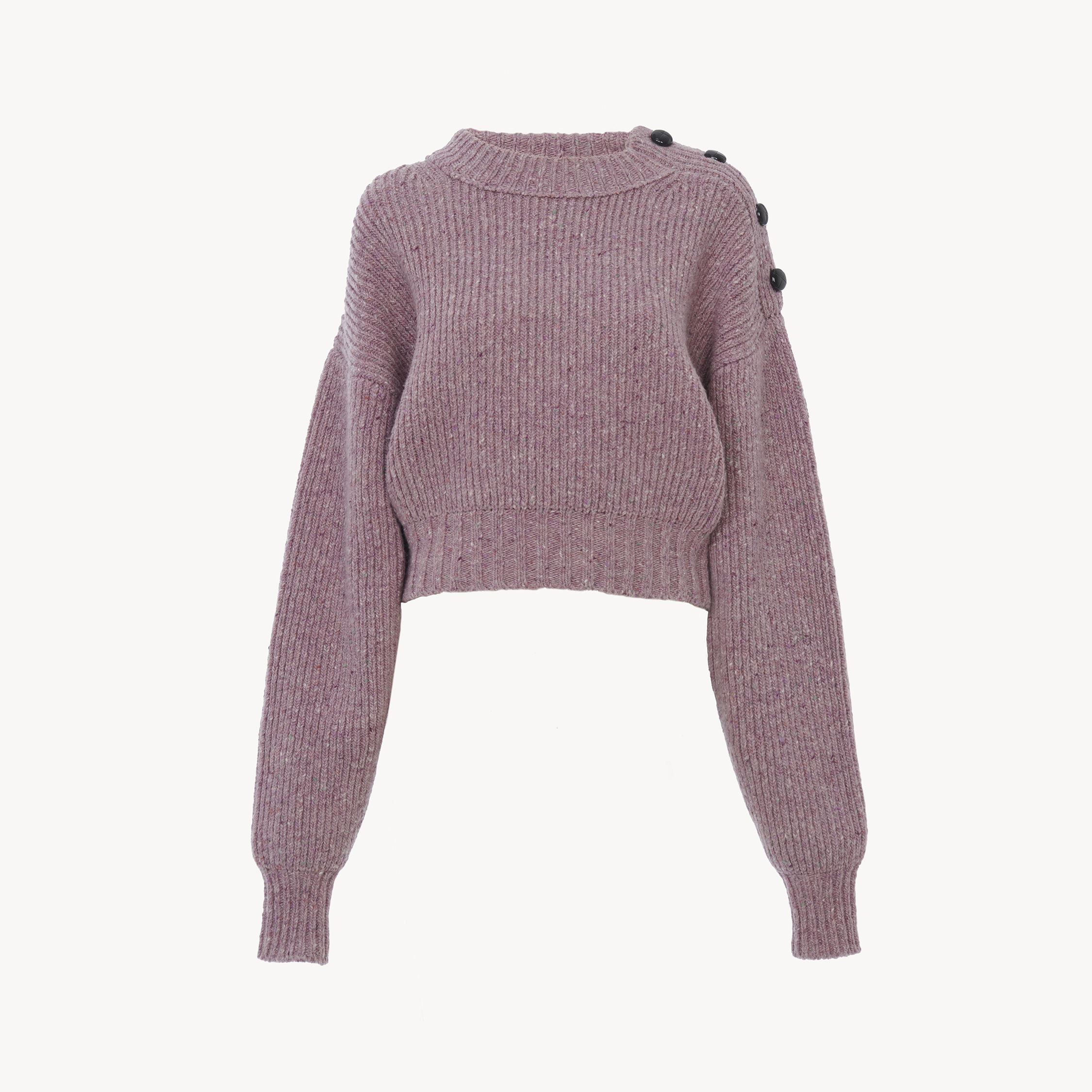 Chloé Cropped Mock-neck Sweater In A Merino Wool Knit Pink Size M 100% Wool, Bovine Leather In Gray
