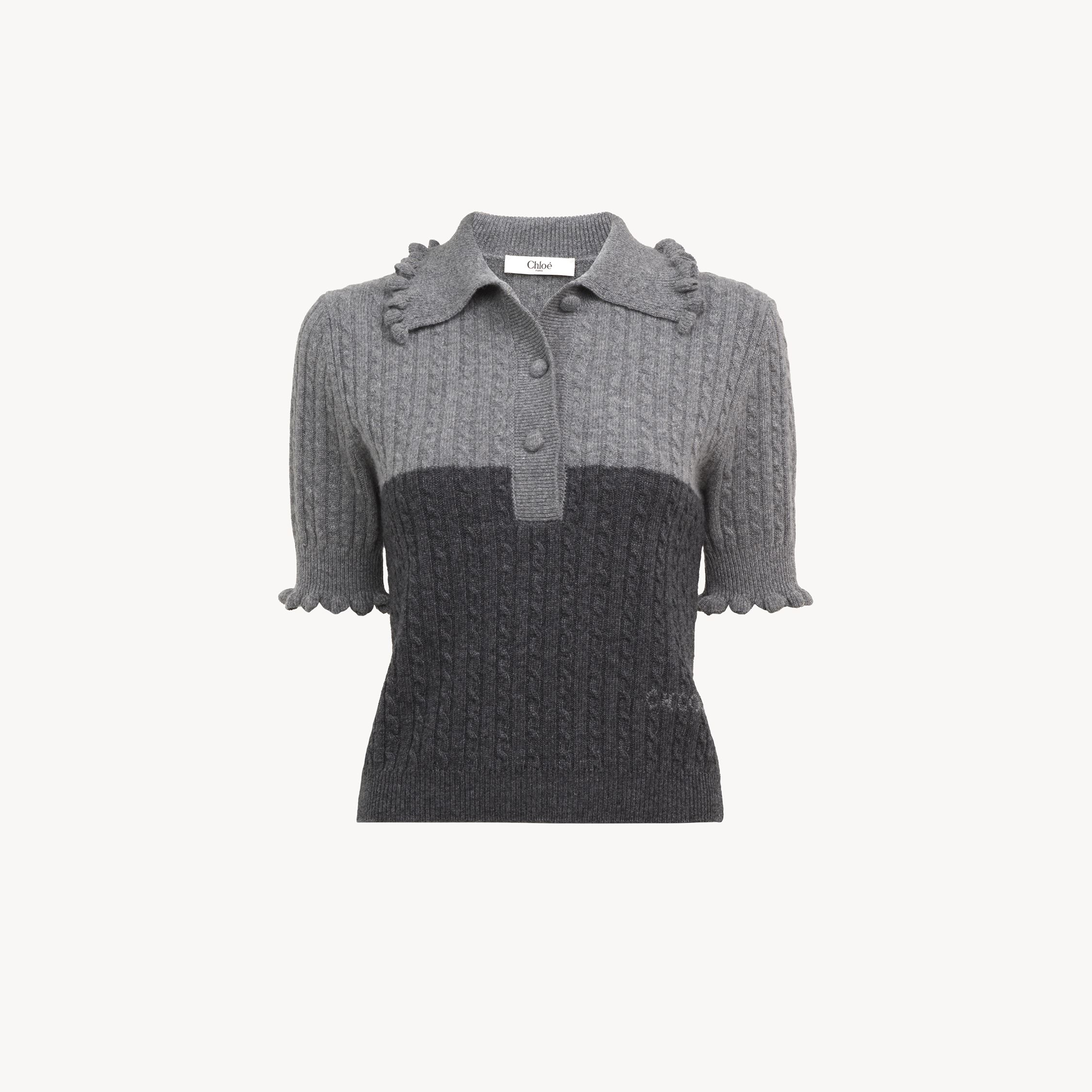 Chloé Two-tone Cable-knit Wool And Cashmere-blend Polo Shirt In Gray