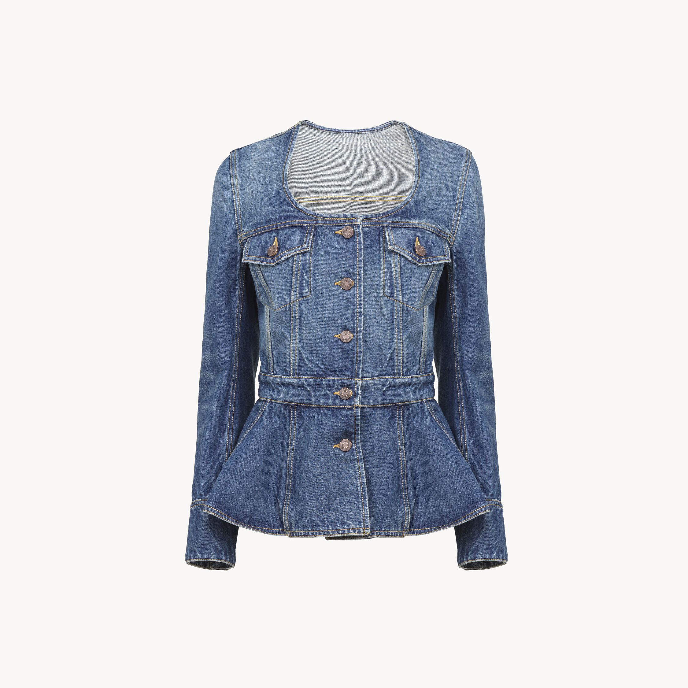 Chloé Peplum Riding Jacket In Denim Blue Size 10 100% Cotton In Blue