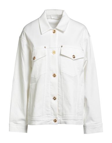Versace Woman Jacket White Size 10 Cotton, Elastane, Calfskin In Multi
