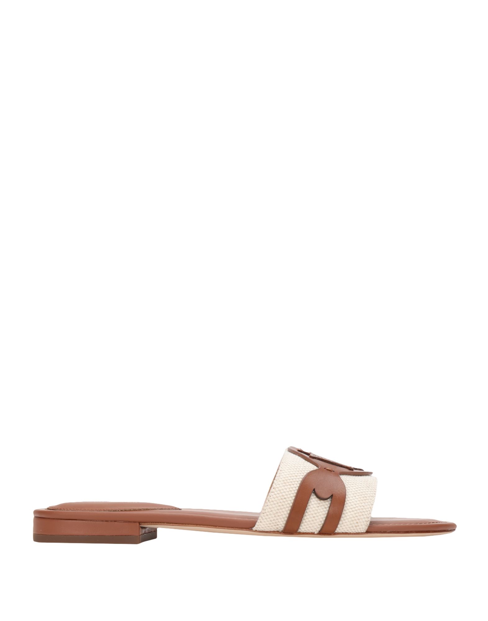 Shop Lauren Ralph Lauren Alegra Canvas-leather Slide Sandal Woman Sandals Brown Size 5.5 Leather, Textile