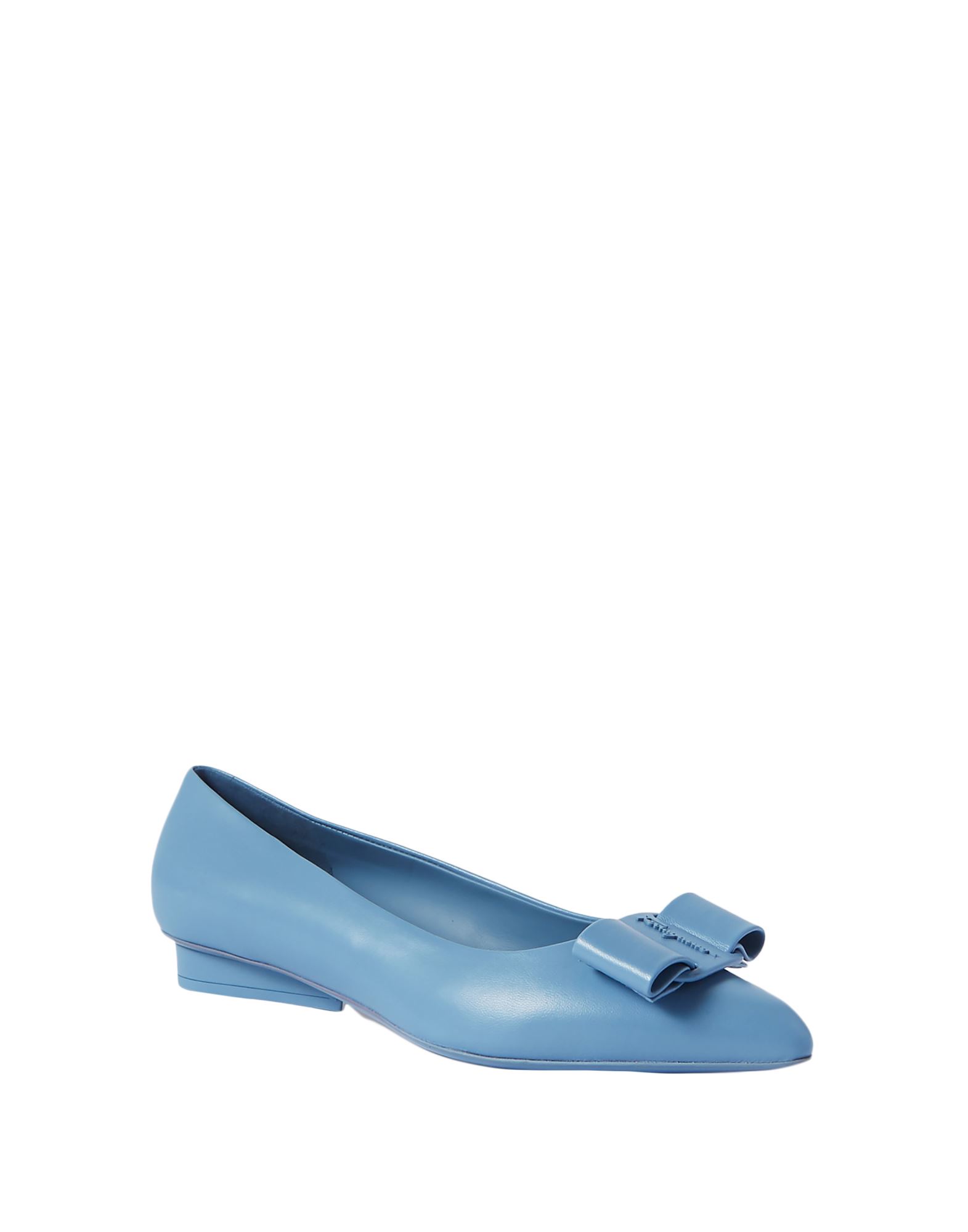 Ferragamo Viva Bow-embellished Leather Point-toe Flats In Sky Blue