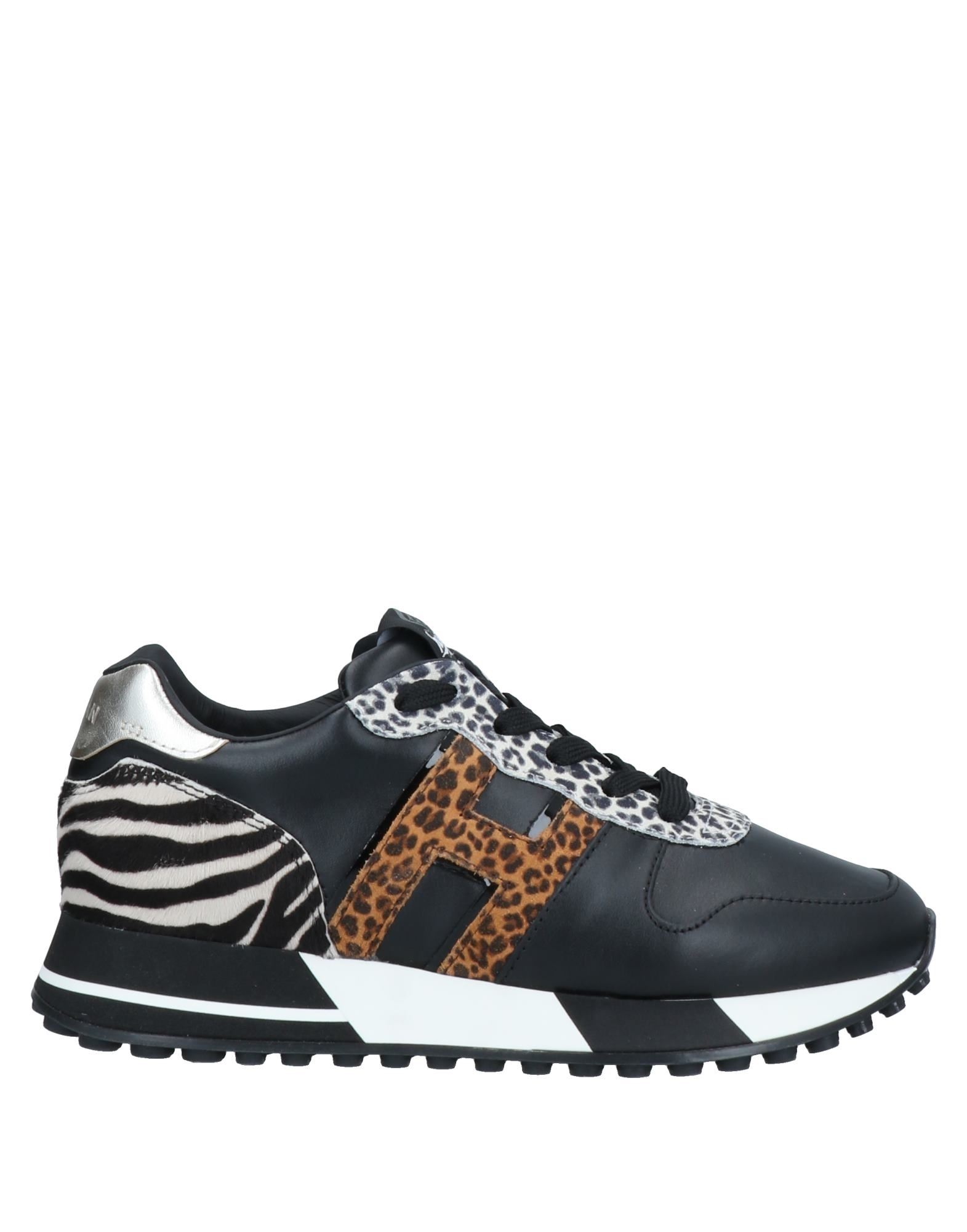 Hogan H383 Sneaker In Black Leather With Animalier Inserts In Black