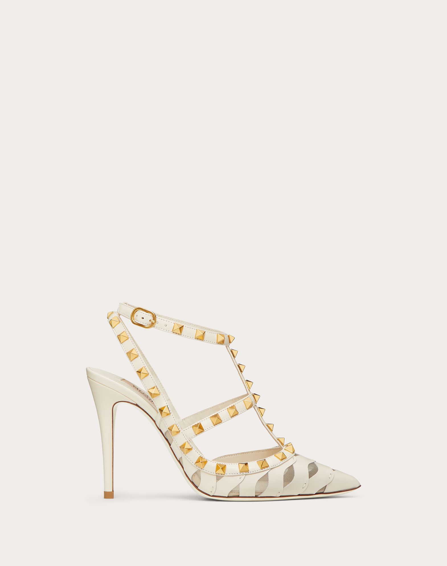 rockstud grainy calfskin ankle strap pump 100 mm