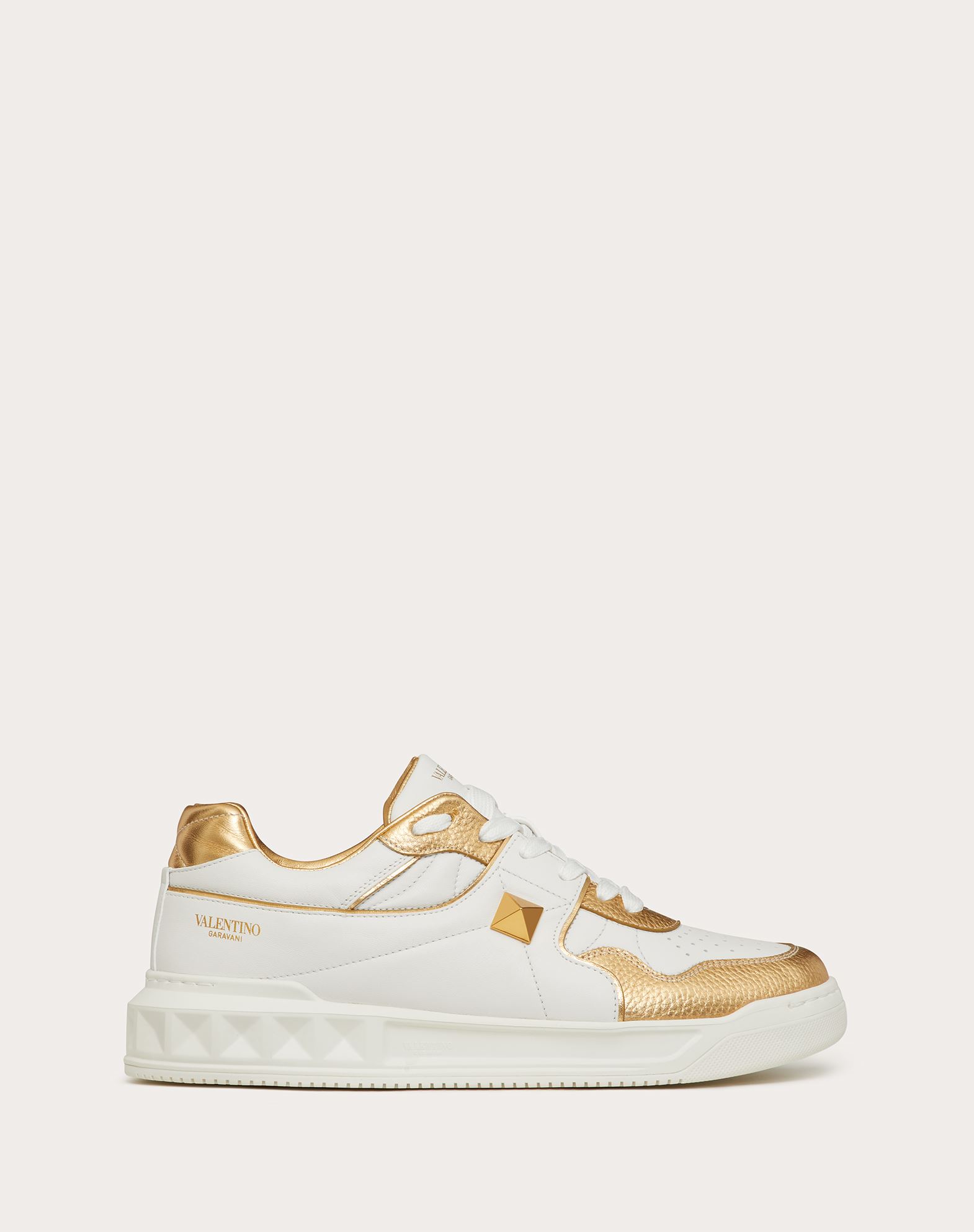 Valentino One Stud Leather Sneakers With Contrasting Inserts In White/antique Brass