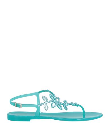 Menghi Mènghi Woman Thong Sandal Turquoise Size 6 Rubber, Swarovski Crystal In Blue