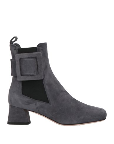Roger Vivier Woman Ankle Boots Lead Size 6.5 Leather, Elastic Fibres In Gray