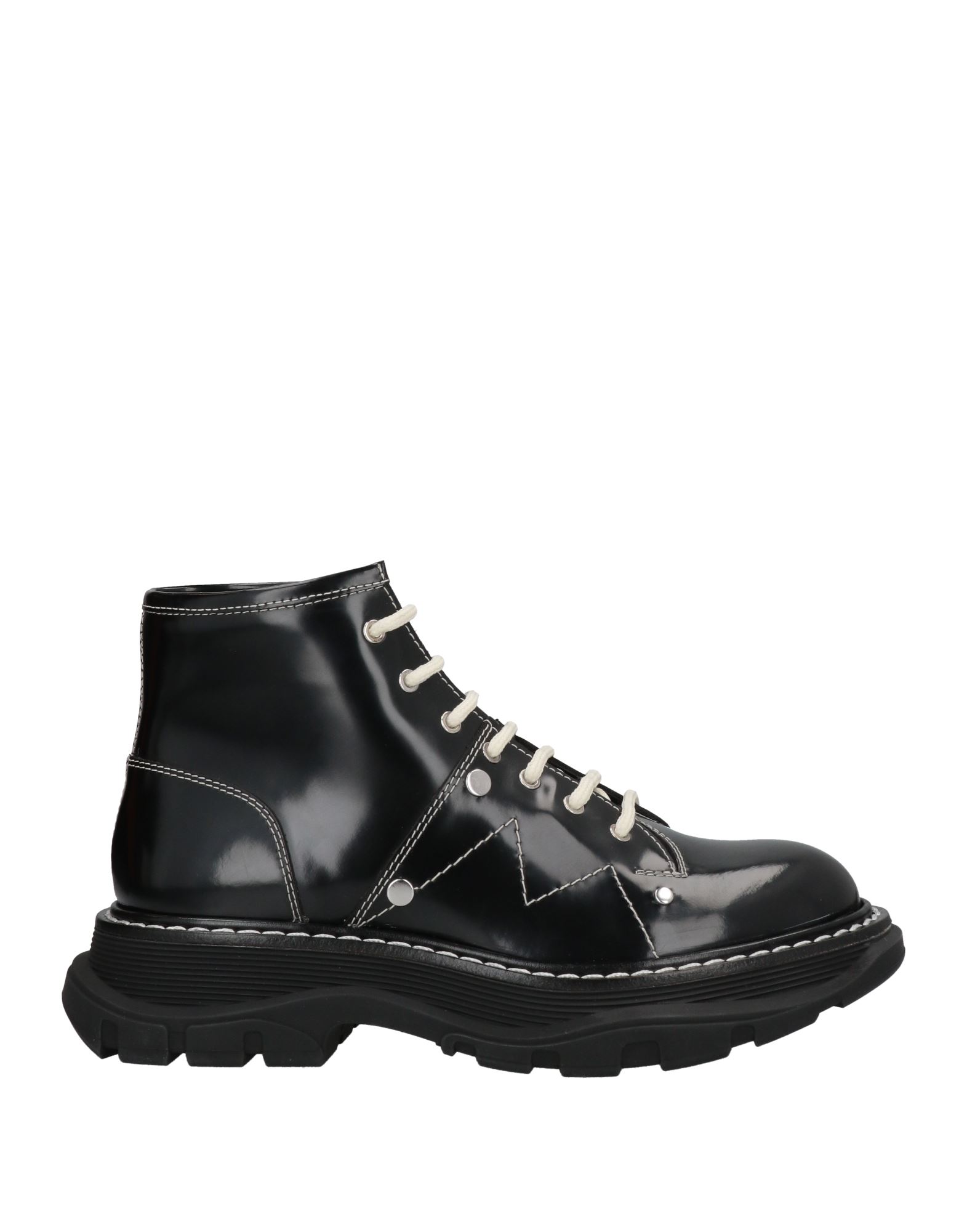 Alexander Mcqueen Contrast Stitching Chunky Outsole Patent Leather Combat Boots In Black