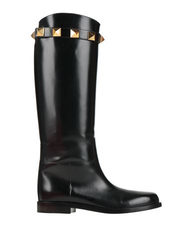 Valentino Garavani Calfskin Leather Roman Stud Boot 15mm Woman Black 40 In Black