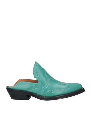 Ganni Embroidered Leather Mules In Green