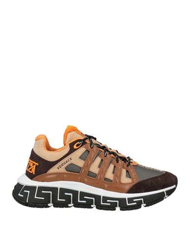 Versace Man Sneakers Dark Brown Size 10 Leather, Textile Fibers In Brown